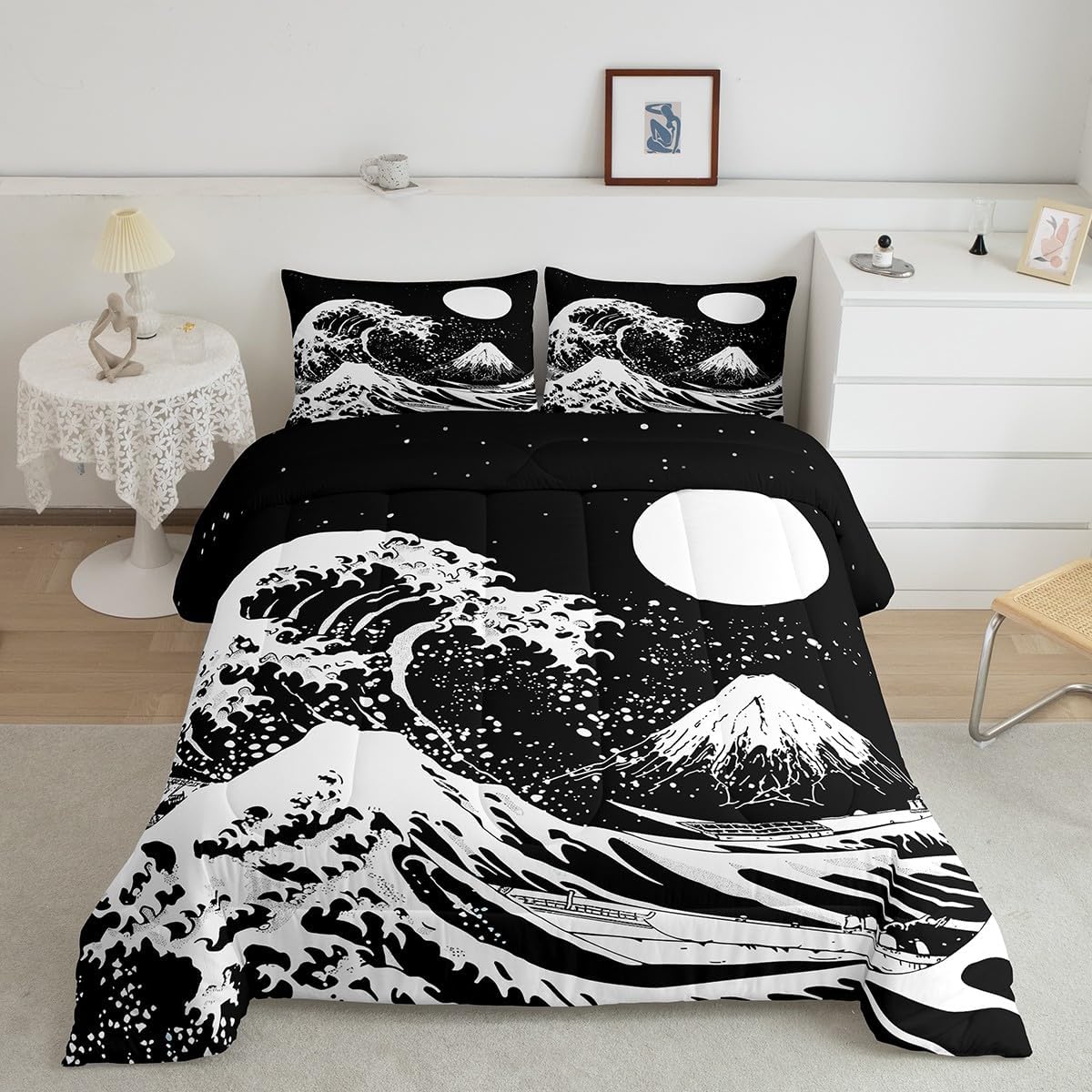 Erosebridal Juego de ropa de cama tamaño King, diseño de olas del océano, edredón de plumón de Fuji de montaña, edredón de estilo japonés, edredón