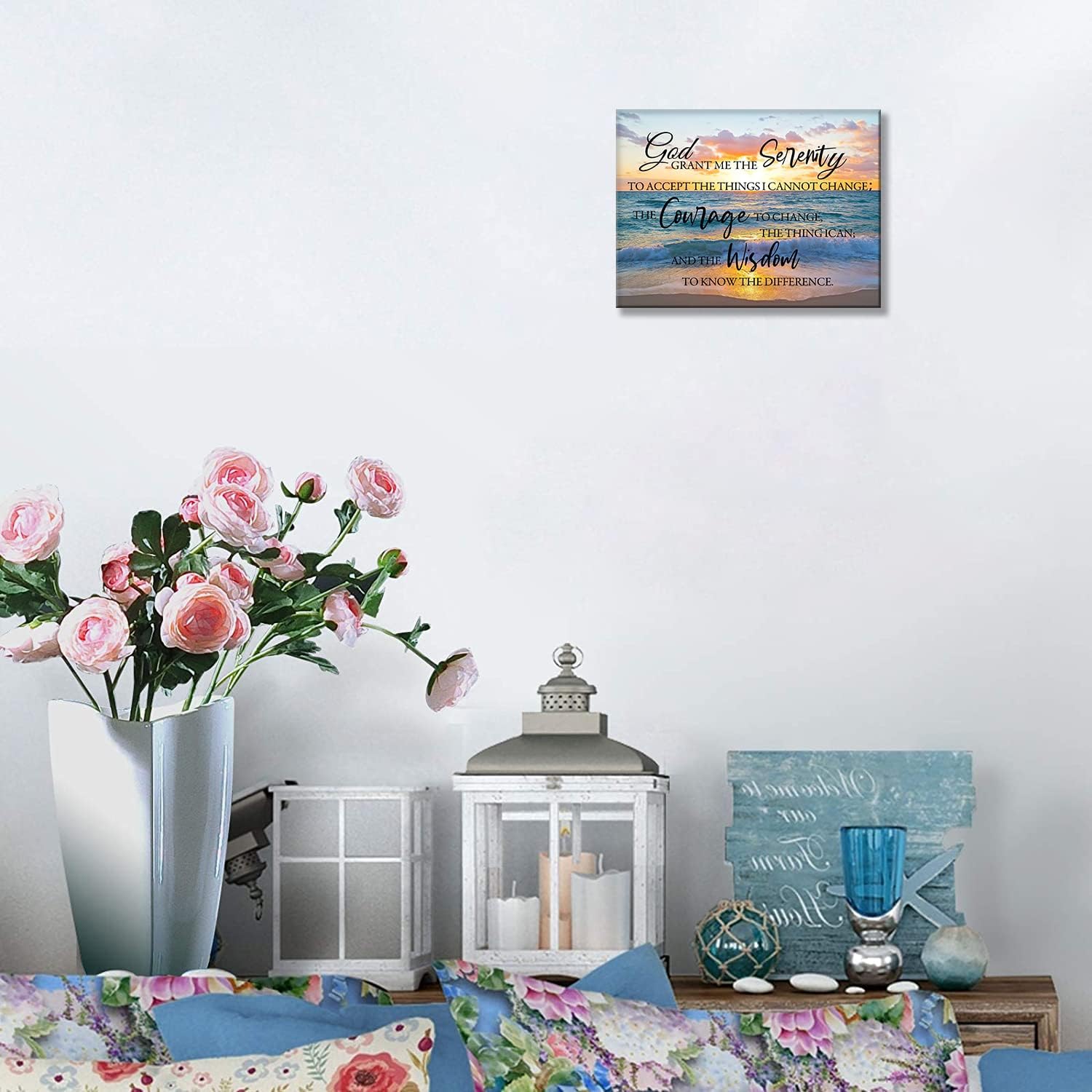 Arte de pared de oración de serenidad costera, con citas de escrituras de paisaje marino, impresiones en lienzo, cuadros de playa del océano, obras
