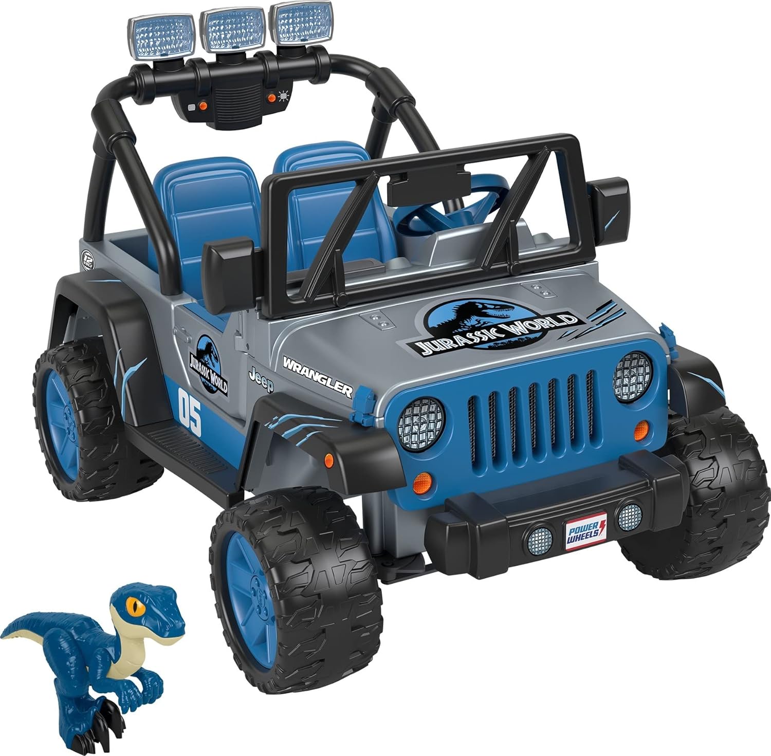 Power Wheels Jurassic World Dino Damage Jeep Wrangler – Juguete para montar con luces, sonidos y dinosaurios, tracción multiterreno, juguete