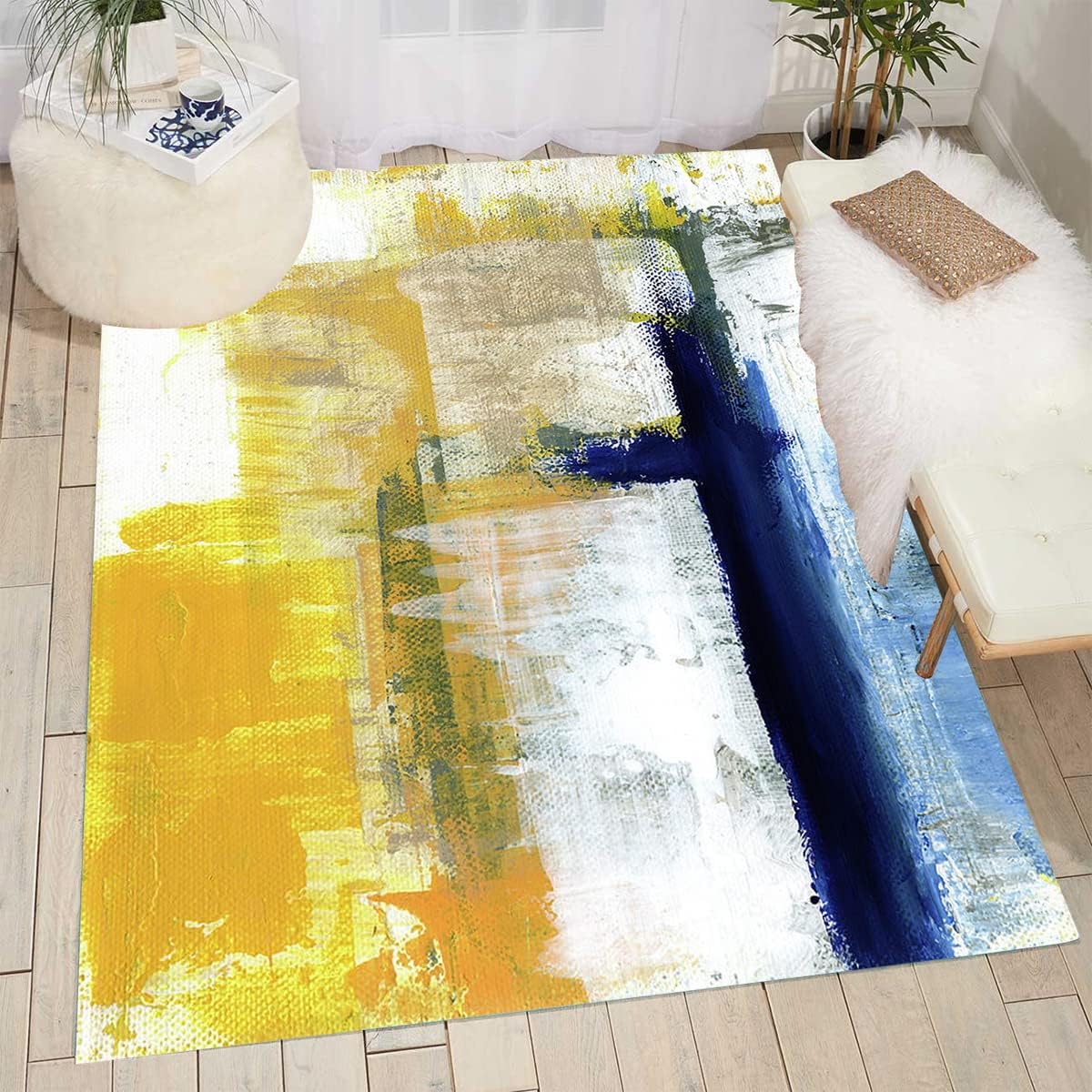 Alfombra contemporánea moderna abstracta azul amarillo vibrante de 6 x 9 pies, de lana ultra suave, para sala de estar, dormitorio, comedor,