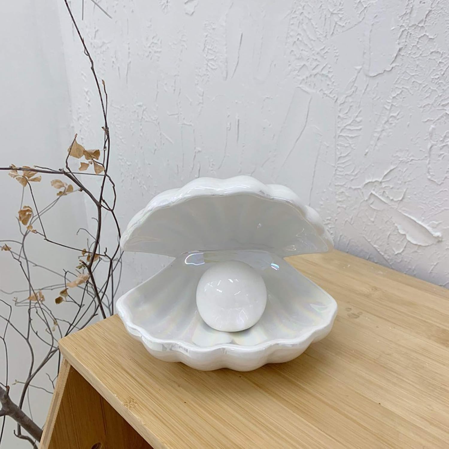 BinaryABC Cerámica Shell Pearl Light Led Lámpara Portátil Luz de noche Luz de mesa, regalo de San Valentín (blanco)