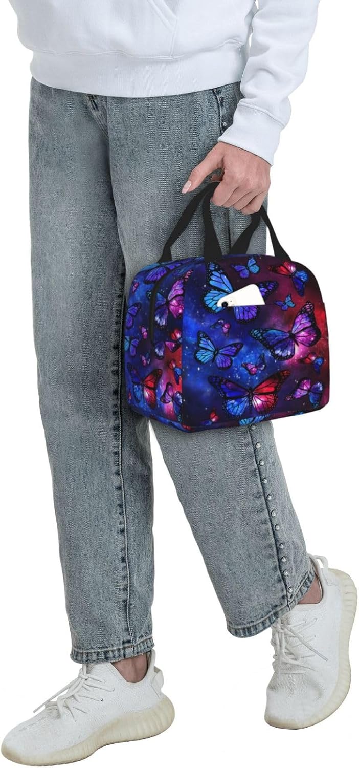 Lonchera aislada para mujer, reutilizable, con bolsillo, para el trabajo, picnic, viajes, mariposa, galaxia