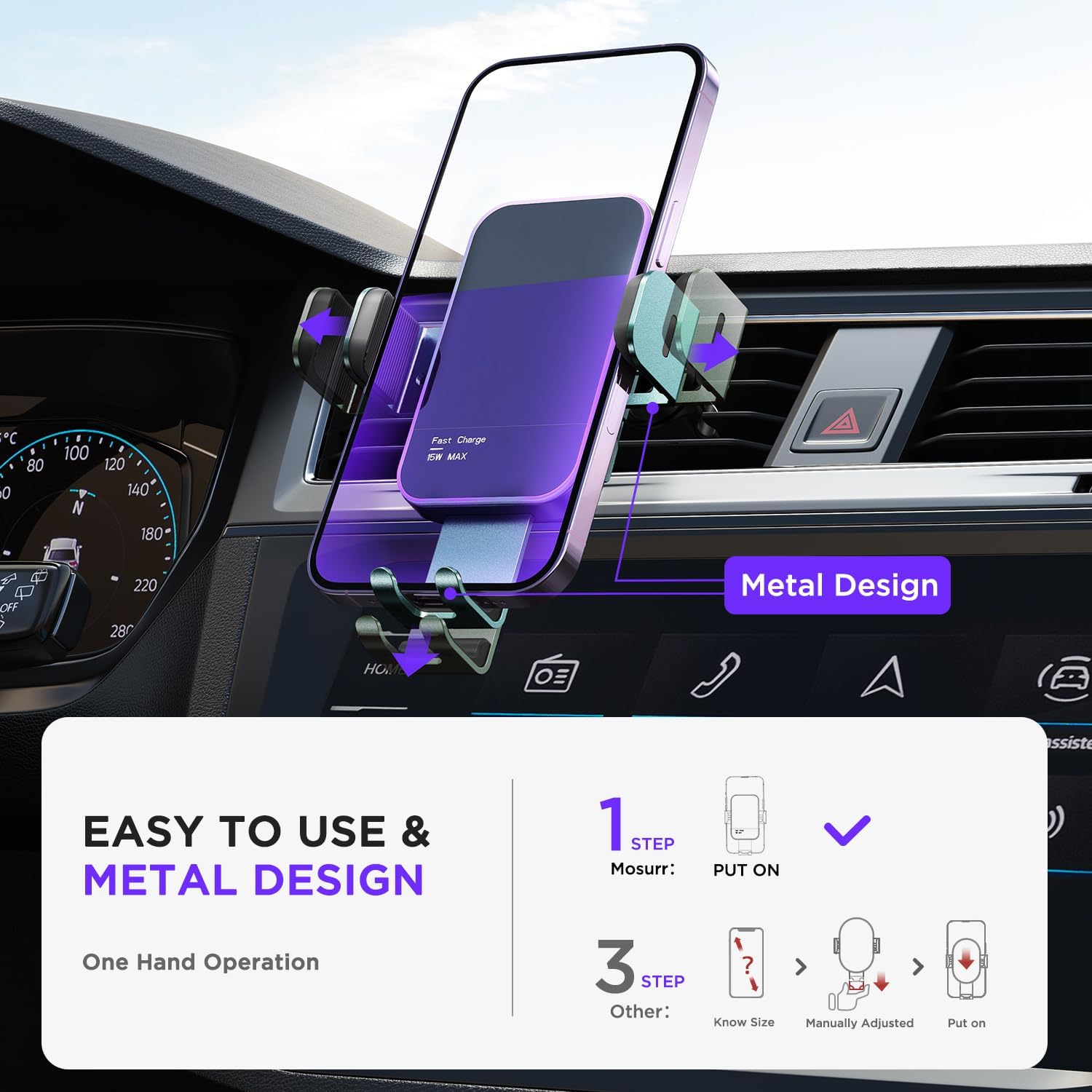 Cargador inalámbrico para automóvil, retroiluminación LED de 7 colores soporte de teléfono de sujeción automática de 15 W para iPhone 15 14 13 12