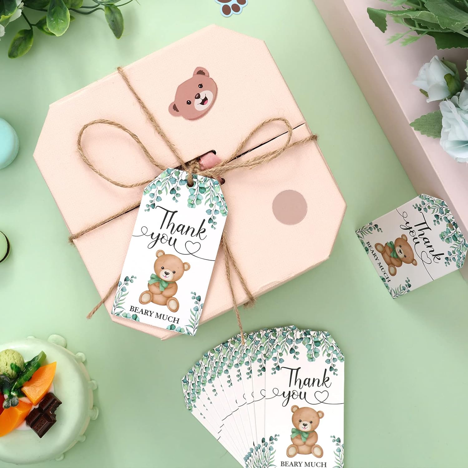 Etiquetas de agradecimiento con texto en inglés “Bear Thank You”, 50 etiquetas de regalo verdes con cuerda para baby shower, etiquetas de regalo de