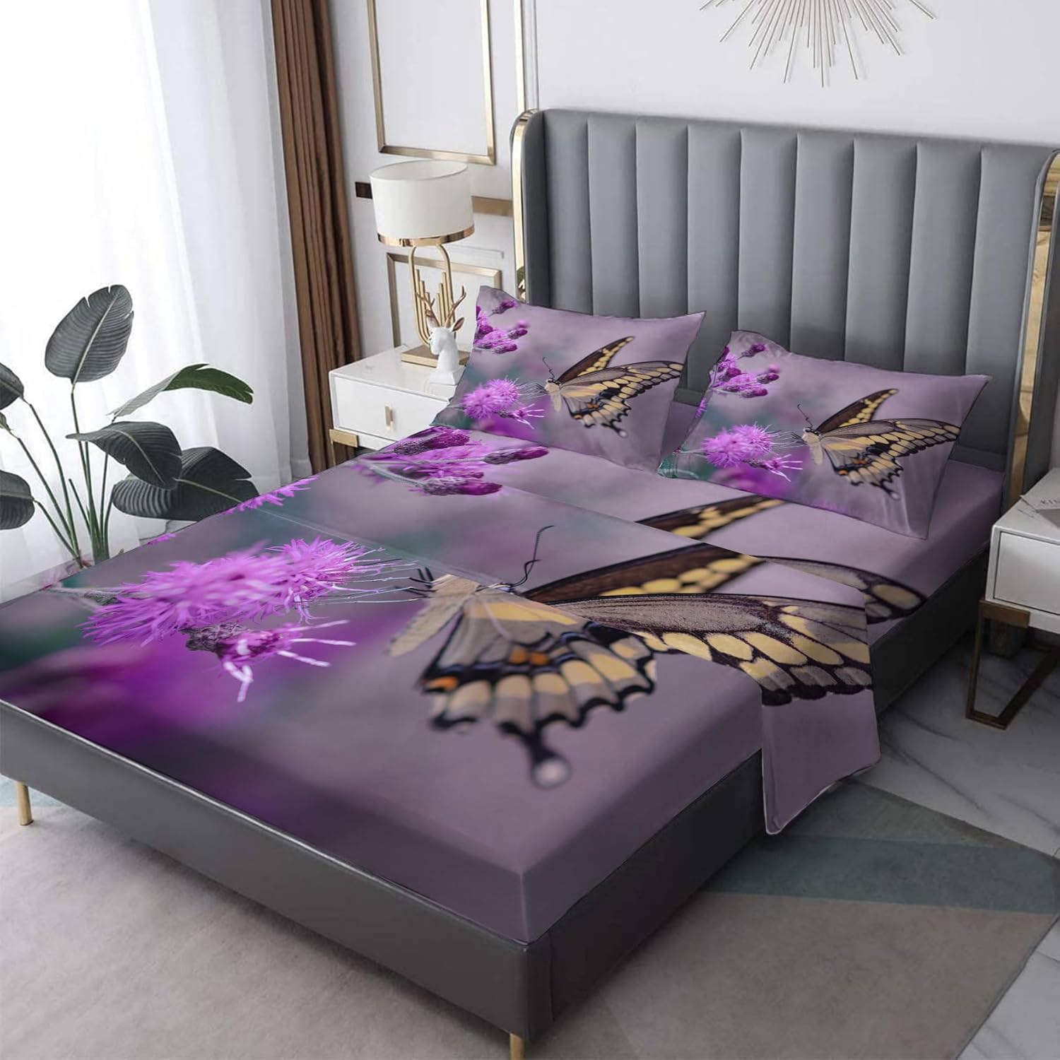 K6-&-134 – Juego de sábanas de flores de mariposa, tamaño Queen, sábanas y fundas de almohada estampadas con patrón de flores – Sábana bajera