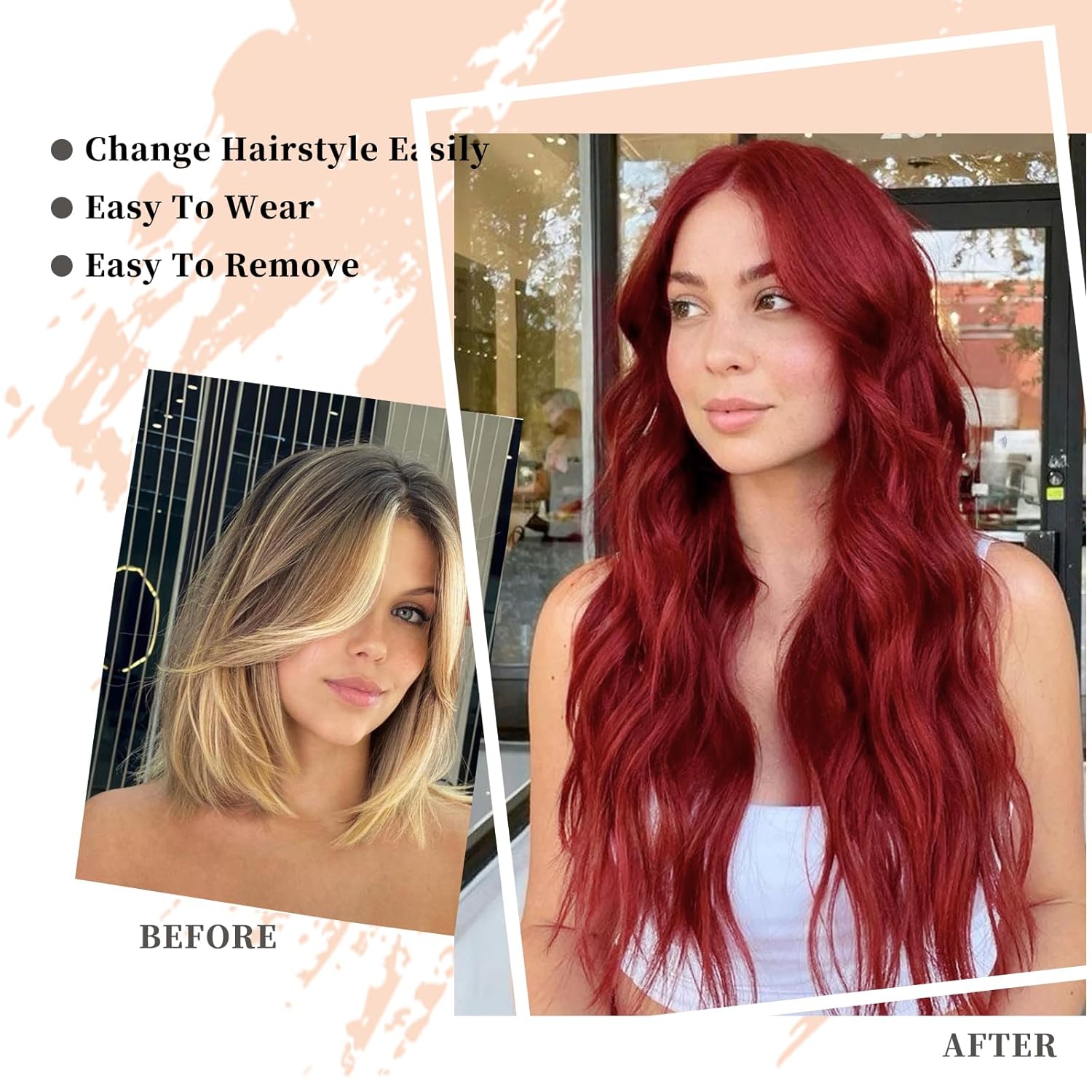 AISI QUEENS Peluca roja larga ondulada roja para mujer, 24 pulgadas, cabello ondulado con raya en medio, resistente al calor, peluca rizada de fibra