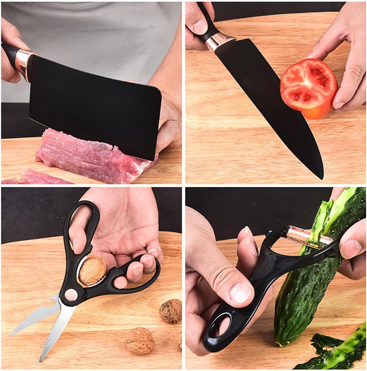 Juego de 8 cuchillos de cocina, cuchillos de chef, cuchillos de pan, cuchillos de carne, proceso de martillo, mango ergonómico de acero inoxidable