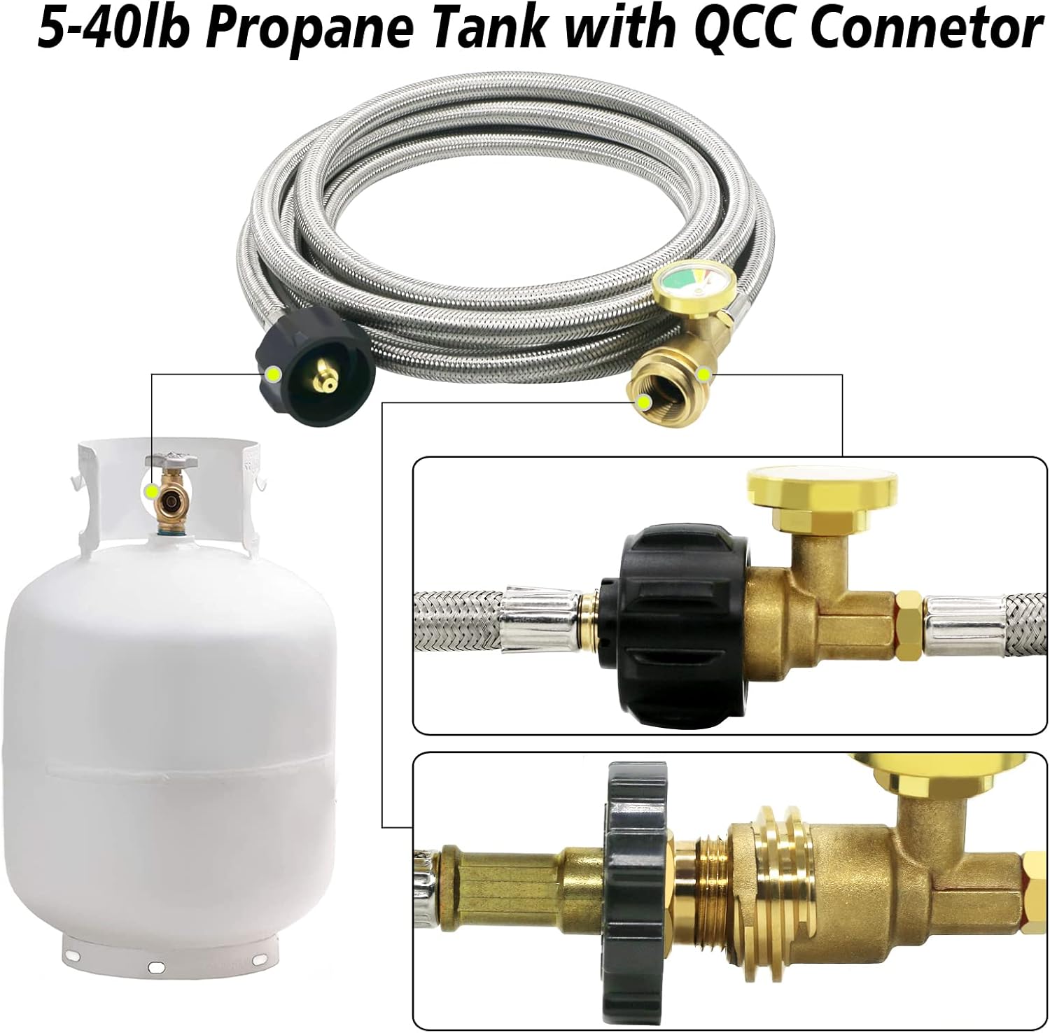 Manguera de extensión de tanque de propano mejorada de 12 pies trenzada con calibre, manguera de extensión de tanque QCC1tipo 1, accesorio Acme a