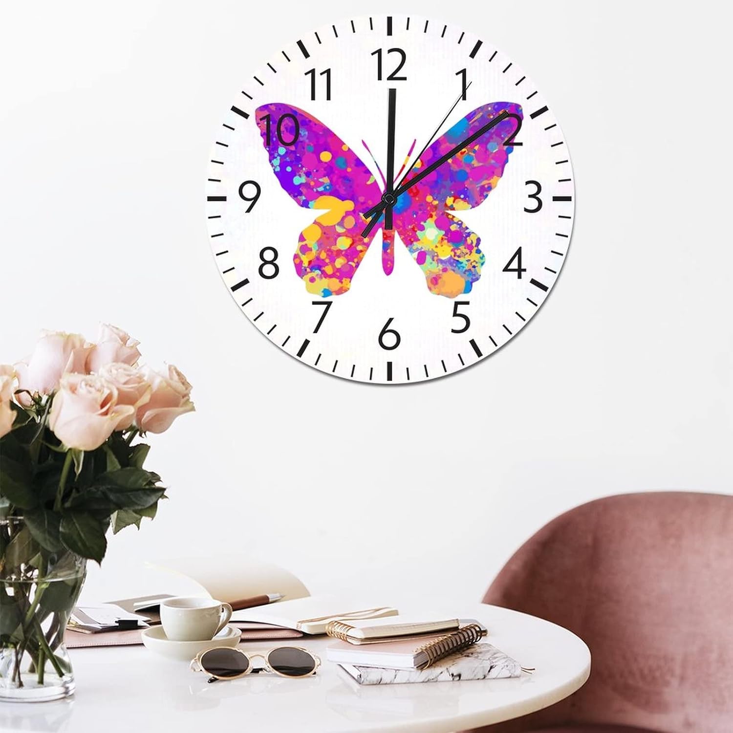 ArogGeld Reloj de pared de PVC con números de mariposa de acuarela, 8.8 pulgadas, funciona con pilas, silencioso, sin tictac, brillante, sin marco,