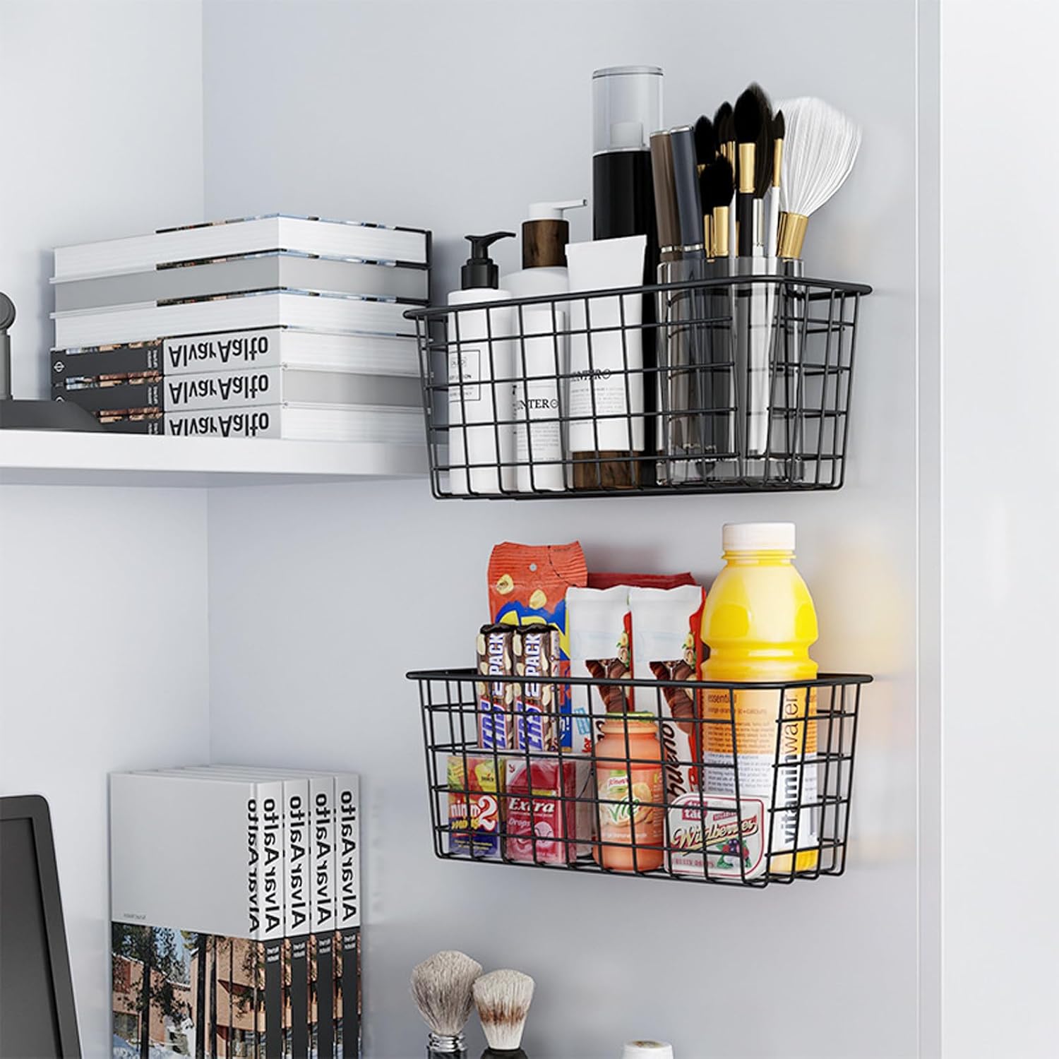 Cesta adhesiva de alambre para pared, organizador de puerta de gabinete, sin taladrar, 4 unidades, color negro