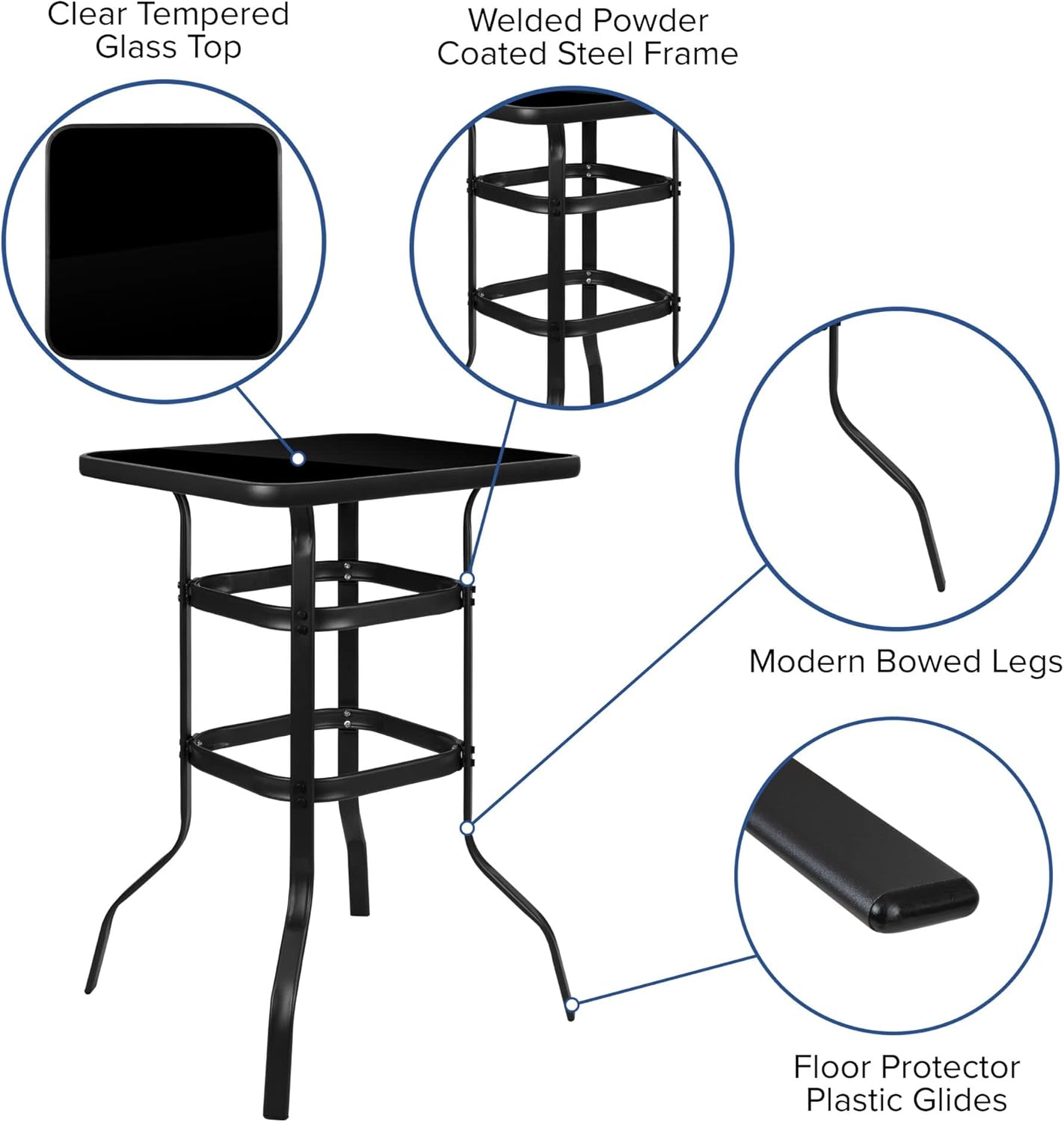 Flash Furniture Brazos – Juego de mesa de bar, 3 piezas, mesa de bar Brazos de cristal con 2 taburetes de bar negros para patio, sillas de exterior