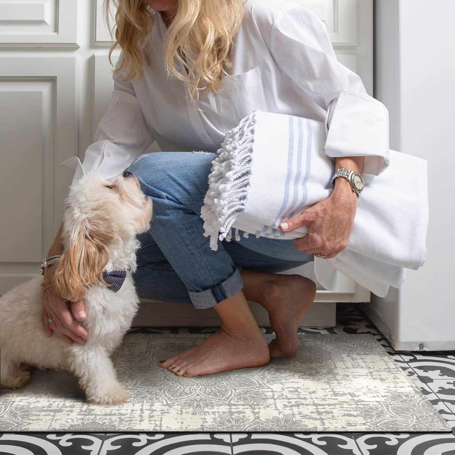 Faptoena Juego de 2 alfombras de cocina con diseño bohemio de mandala, alfombras y tapetes de cocina bohemios con medallón floral, antideslizantes,