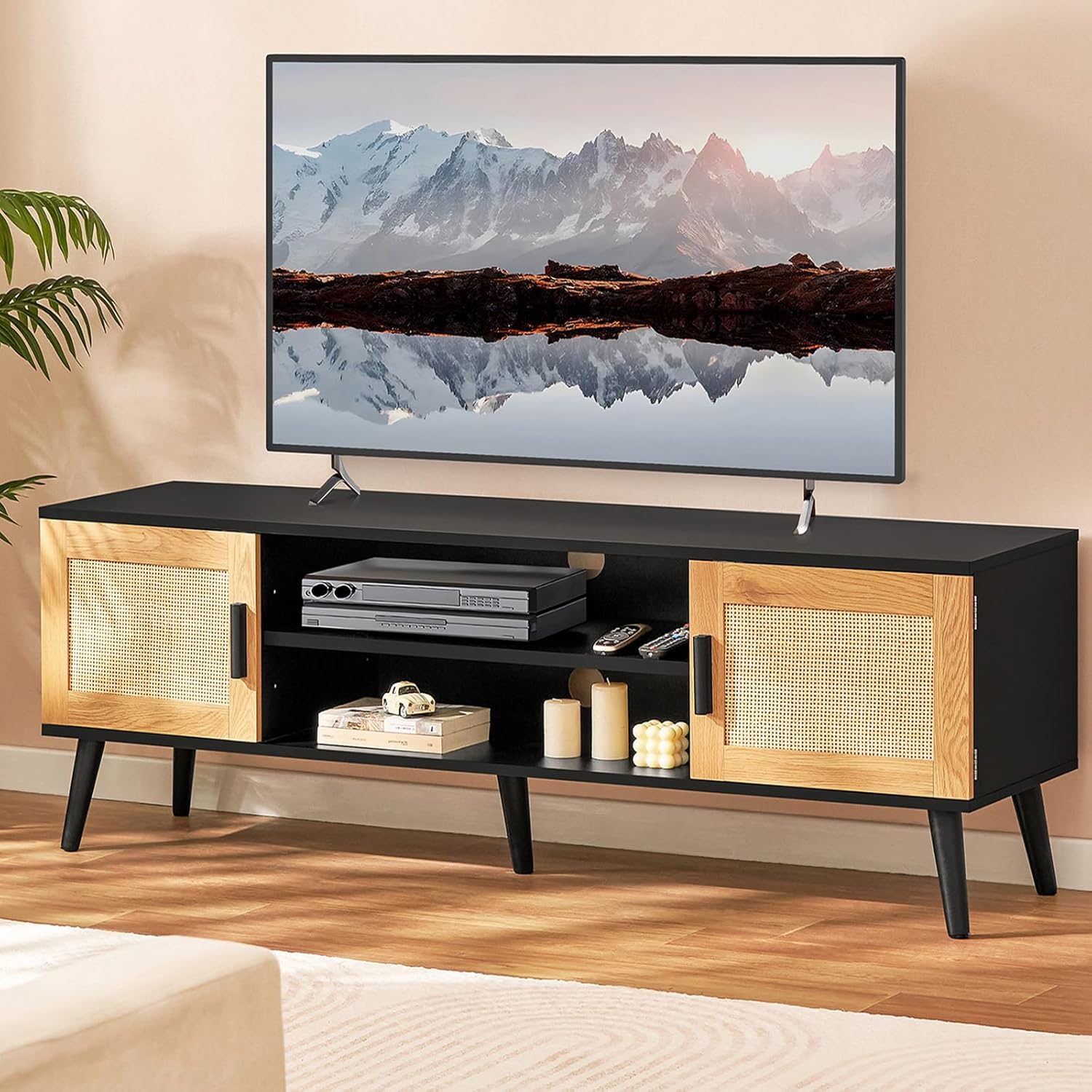Iwell Soporte de TV de ratán para TV de 55, 65, 70 pulgadas, centro de entretenimiento con estante ajustable y 2 gabinetes, soportes de TV para sala