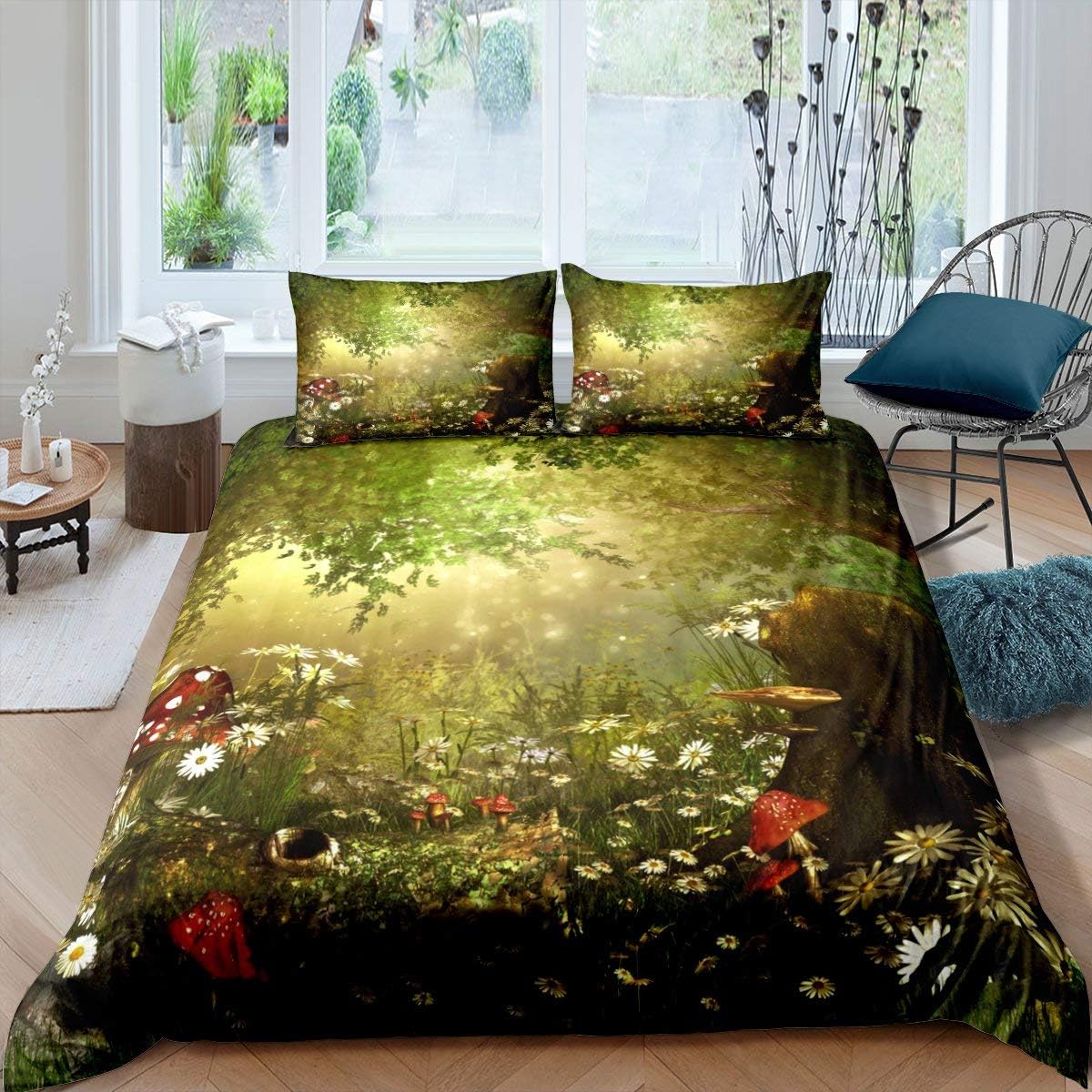 Erosebridal Funda de edredón mágica de hongos, diseño de margaritas, hojas, ramas, puesta de sol, naturaleza, juego de ropa de cama estilo trippy