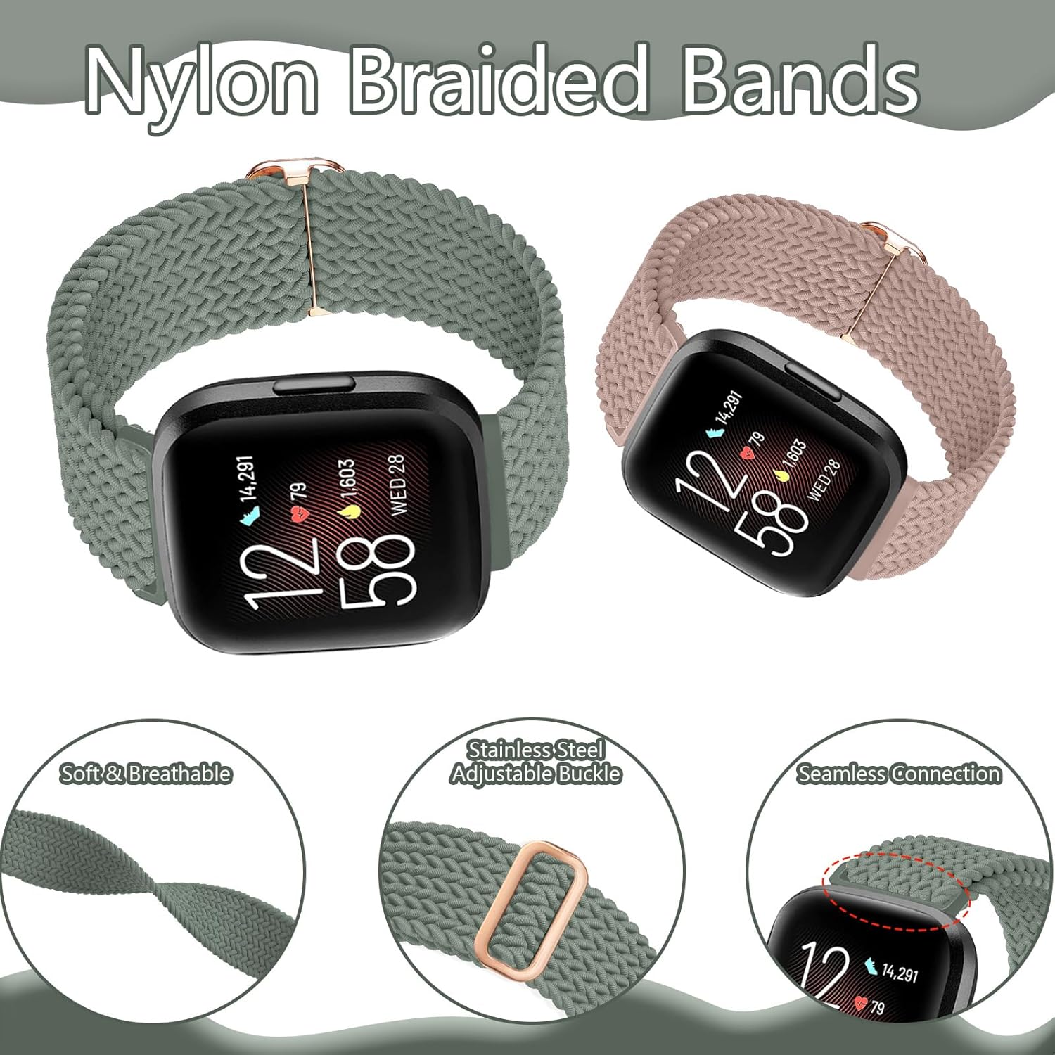 Paquete de 2 bandas elásticas compatibles con Fitbit Versa 2VersaVersa LiteVersa SE, correas deportivas de repuesto trenzadas suaves y ajustables,