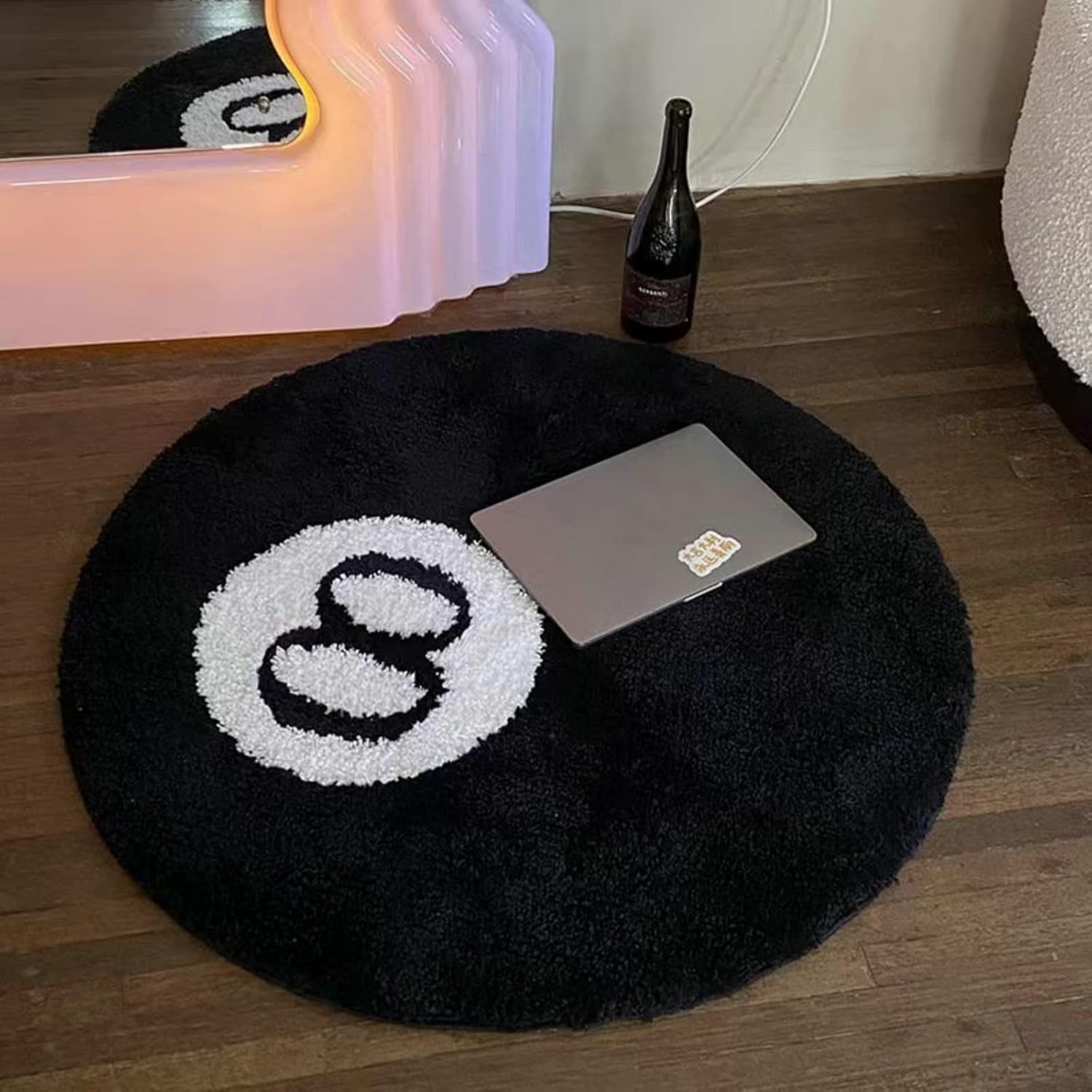 Black Billiards – Alfombra redonda de 8 bolas de 47.2 pulgadas, redonda, suave, esponjosa, color blanco y negro, alfombra decorativa antideslizante
