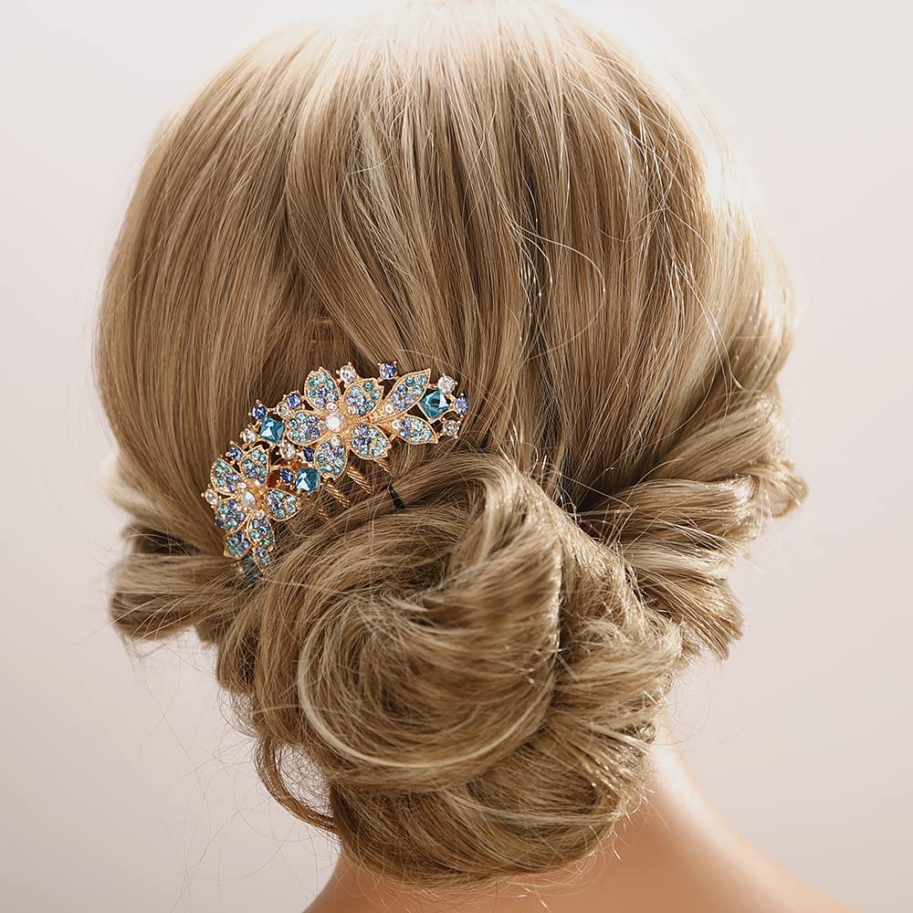 Aimimier Peine de pelo francés de doble flor con cristales brillantes y diamantes de imitación, peines laterales, pinzas para el cabello de dientes