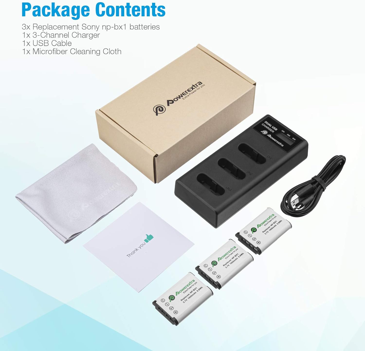 Powerextra Batería NP-BX1 3 y cargador USB de 3 canales para Sony NP-BX1 y Sony Cyber-Shot DSC-RX100, DSC-RX100 II, DSC-RX100M II, DSC-RX100 III,