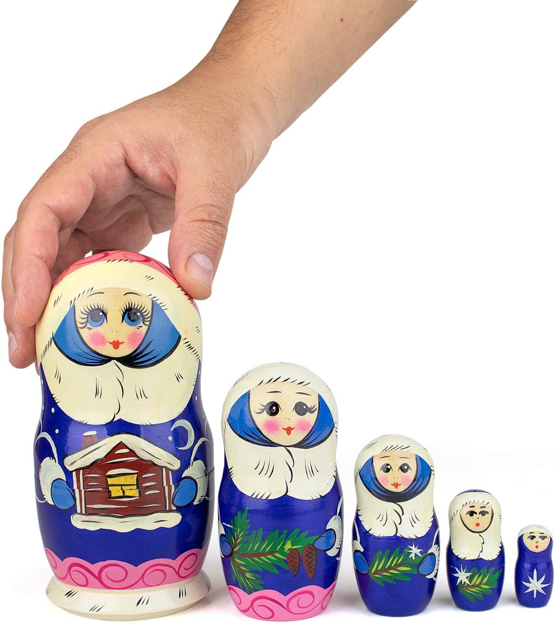 Heka Naturals Snow Maiden Nesting Dolls  All Natural Wooden Matryoshka Doll Set of 5 (7 Inch) – Traditional Babushka Home Decor, Wooden Stacking
