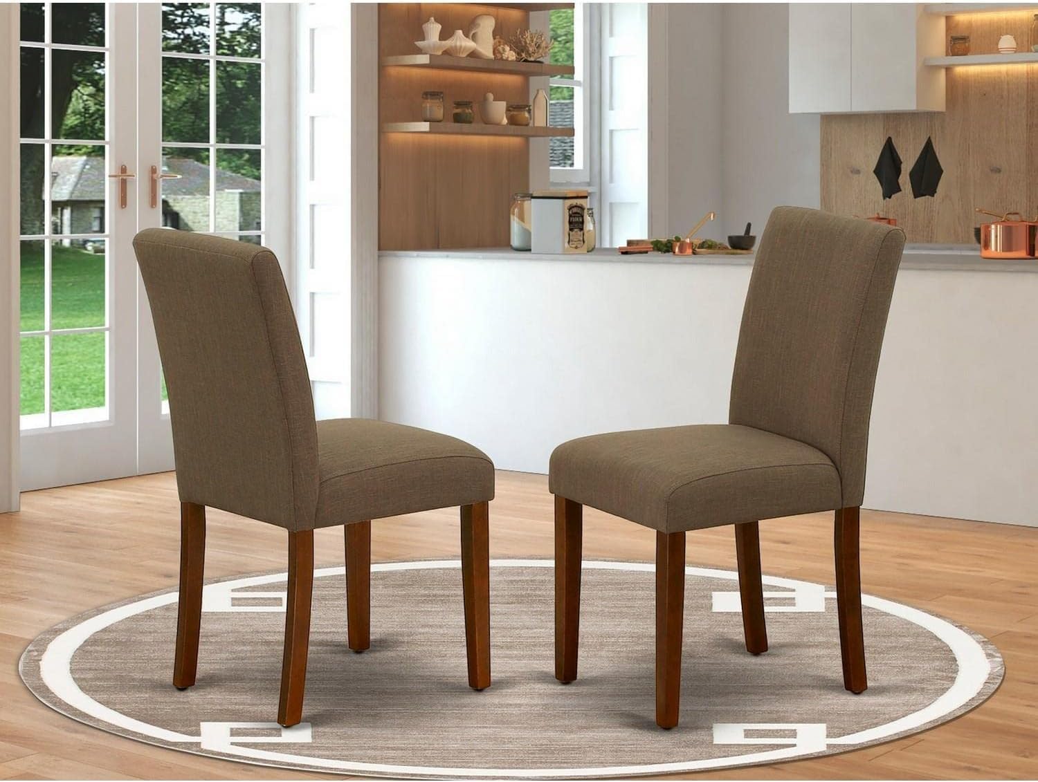 East West Furniture ABP3T18 Parson – Juego de 2 sillas acolchadas de tela de lino para comedor, color caoba