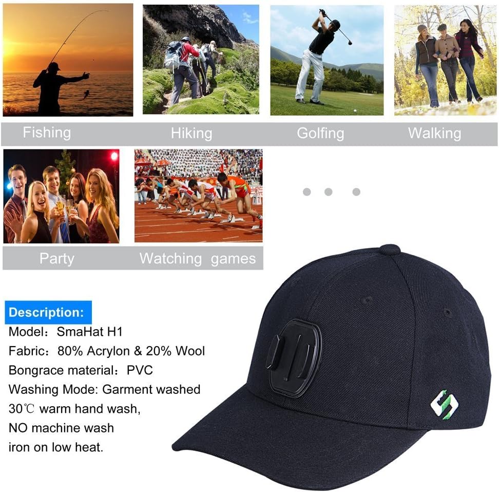 Smatree Baseball Hat with Quick Release Buckle Mount Compatible for GoPro 5 Session Hero 1211109876543 Plus321DJI OSMO Action Cameras, Wool Material