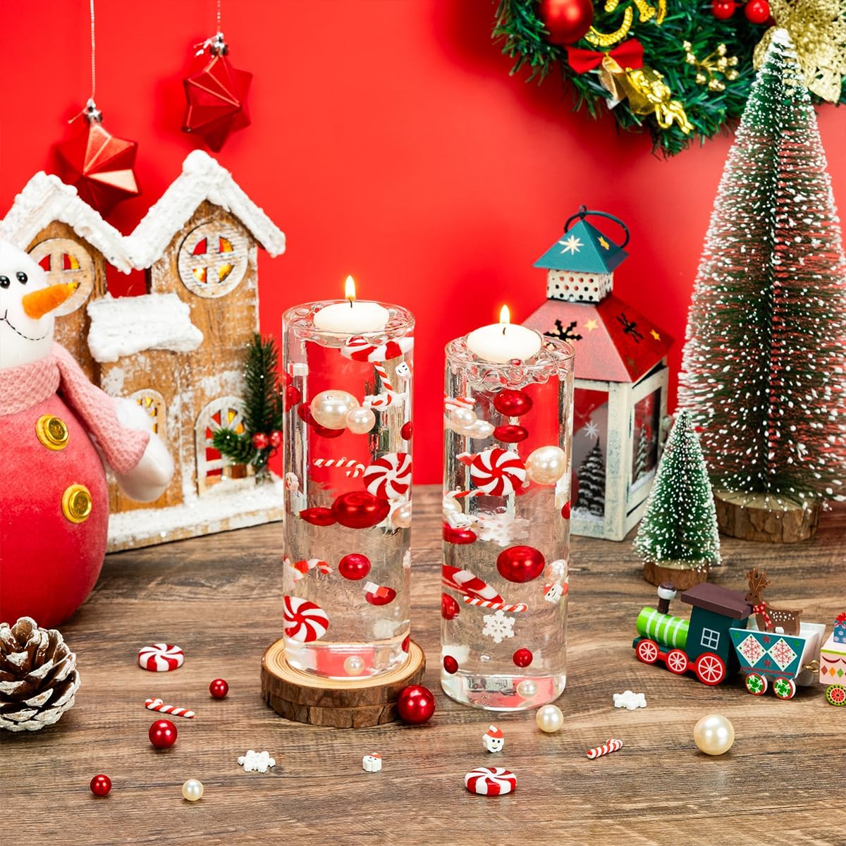 4136 perlas de relleno de jarrón de Navidad para rellenos de jarrones, velas flotantes con 8 velas flotantes, cuentas de geles de agua para Navidad,