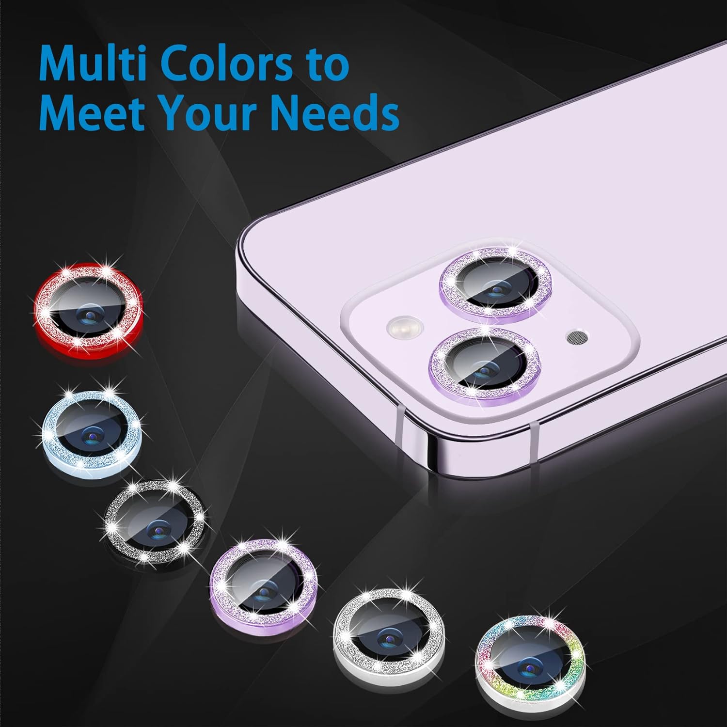Protector de lente de cámara compatible con iPhone 14 y 14 Plus, cubierta de lente de diamante brillante con purpurina 9H, cubierta de cámara de