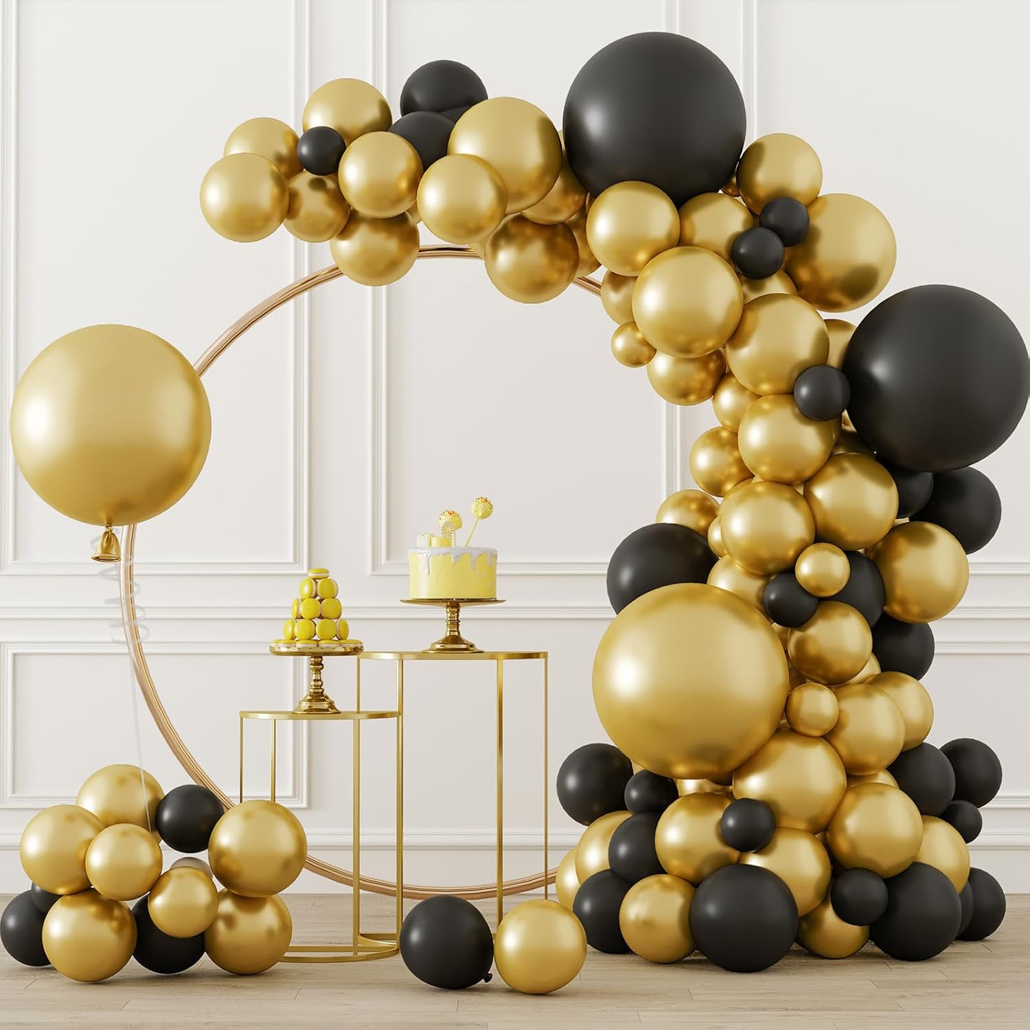 RUBFAC Kit de guirnalda de arco de globos negros y dorados, juego de globos de látex de 18125 pulgadas para fiesta de cumpleaños, boda, graduación,