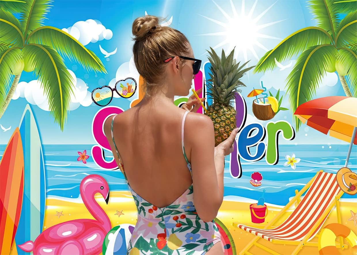 AIIKES Telón de fondo de tabla de surf hawaiana de 7 x 5 pies, telón de fondo de fotografía de playa de verano, decoración de fiesta de cumpleaños