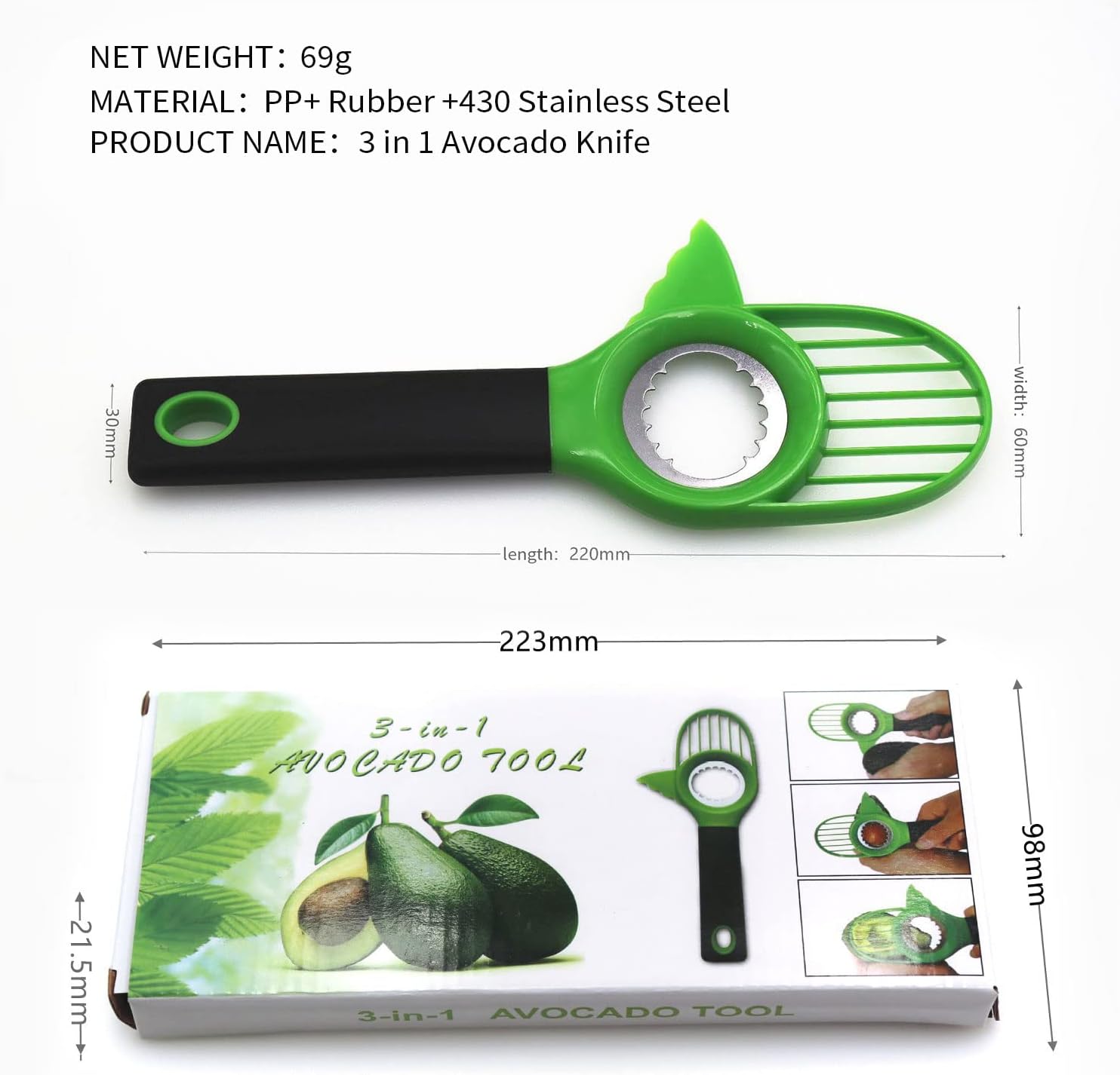 hundgostu- Cortador de aguacate 3 en 1 con mango de agarre, cuchillo multifuncional de aguacate sin BPA, funciona como cortador de picador adecuado