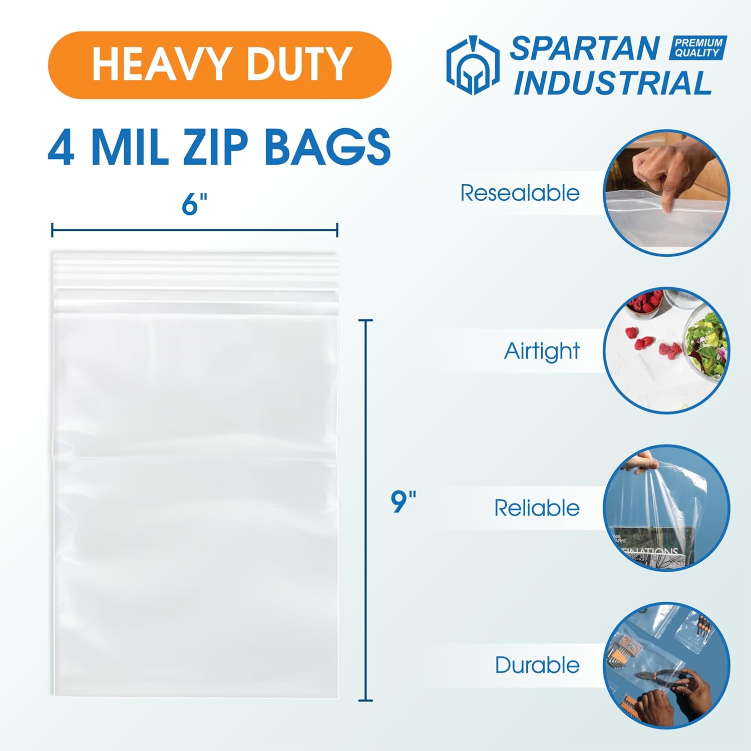 Spartan Industrial – Bolsas de polietileno de plástico con cierre resellable de 6 x 9 pulgadas (1000 unidades) gruesas y duraderas de un cuarto de
