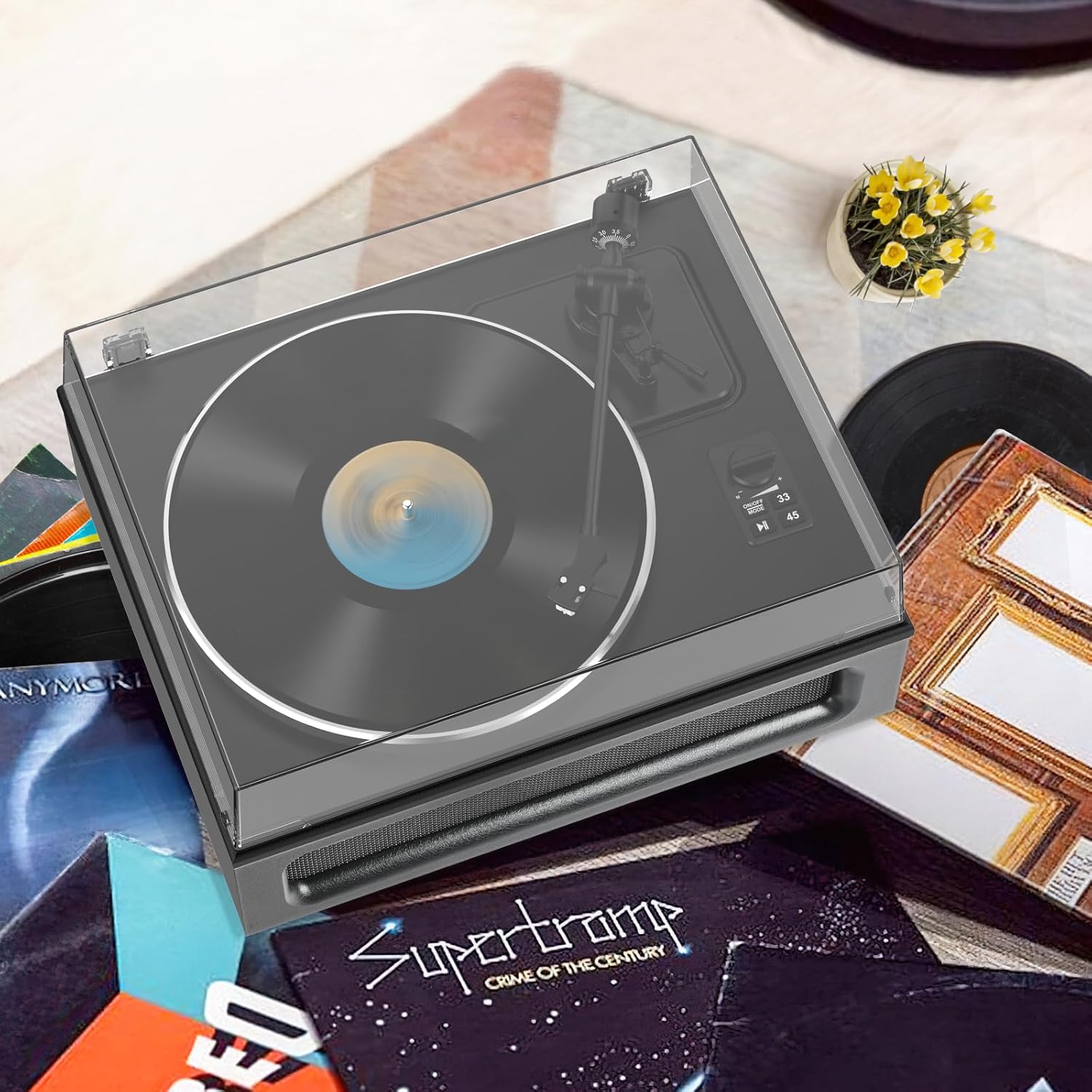Tocadiscos todo en uno de alta fidelidad con transmisión por correa para discos de vinilo incorporados, 2 altavoces estéreo de agudos y 2 bajos,