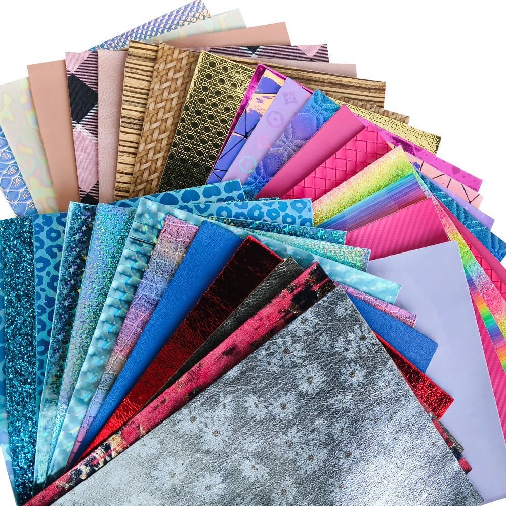 XHT Hojas de piel sintética al azar, 30 piezas de 8 x 12 pulgadas, holográfica en relieve texturizado de cuero sintético para manualidades,