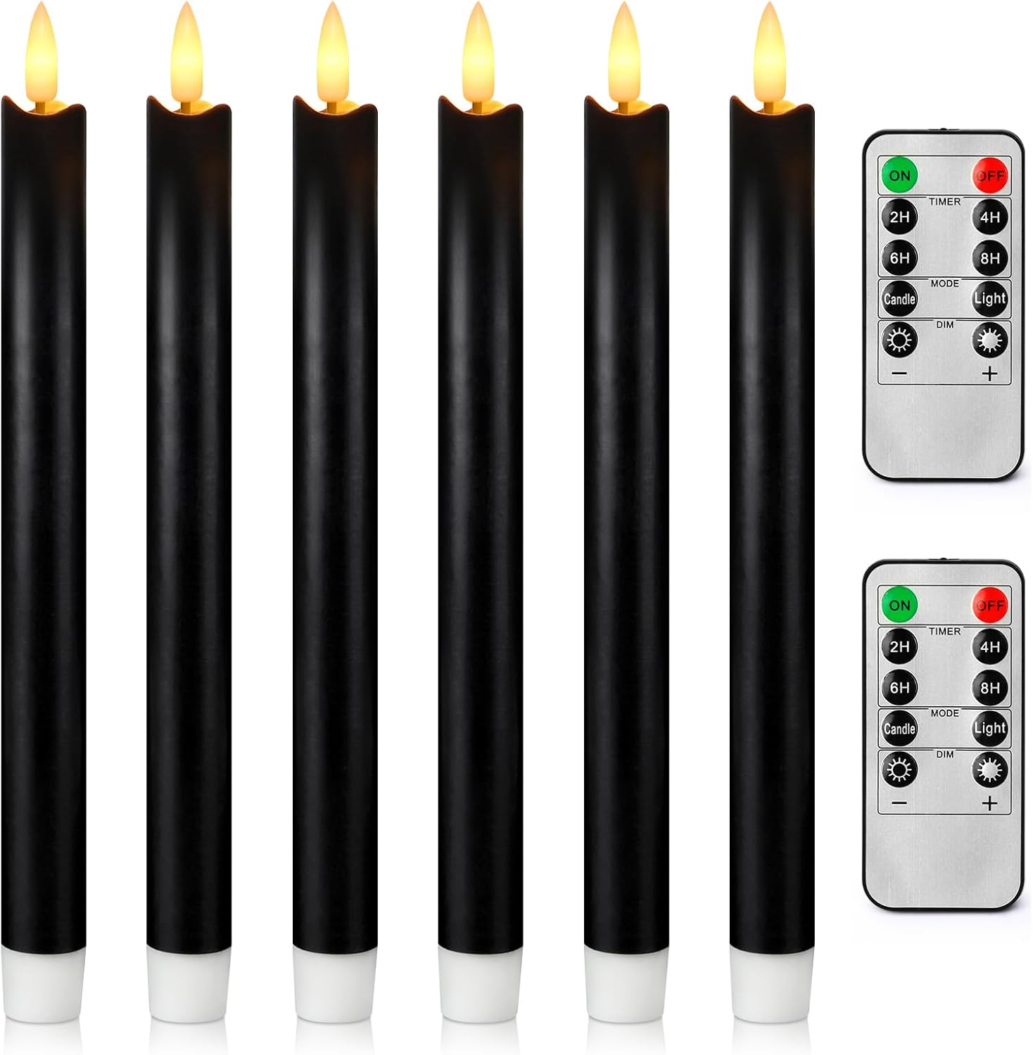 Velas cónicas sin llama parpadeantes con 2 controles remotos, funciona con pilas, mecha 3D de luz cálida, velas LED de cera real, paquete de 6,