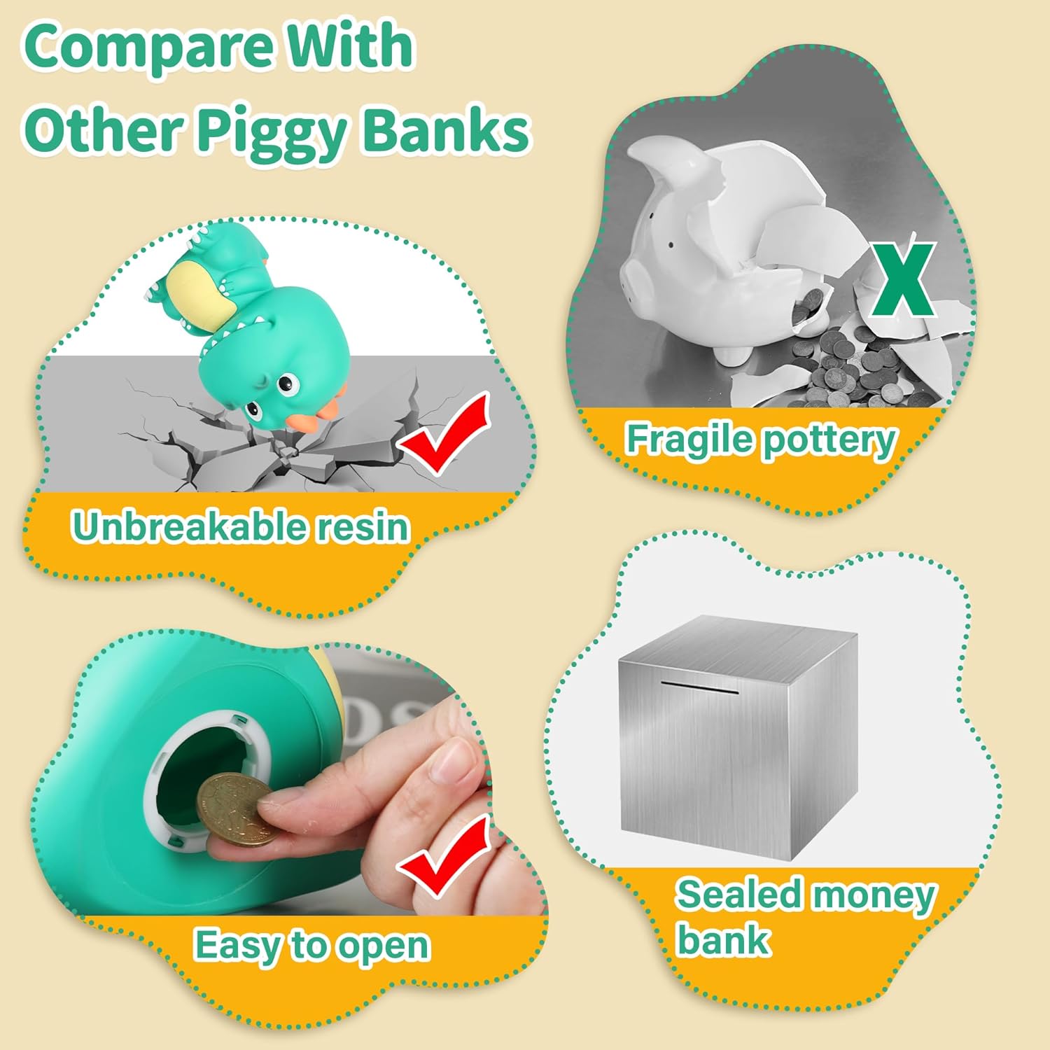 H&W Banco de dinero de dinosaurio con bonita cabeza grande, alcancía de tiranosaurio Rex inastillable, primer banco de monedas, el mejor cumpleaños