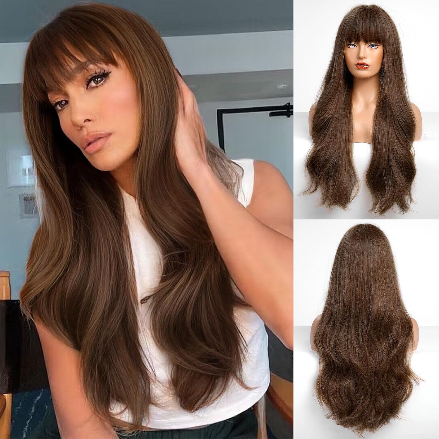 HAIRCUBE Peluca marrón con flequillo para mujer, peluca de cabello largo ondulado marrón, peluca sintética rizada para niñas, uso diario en fiestas