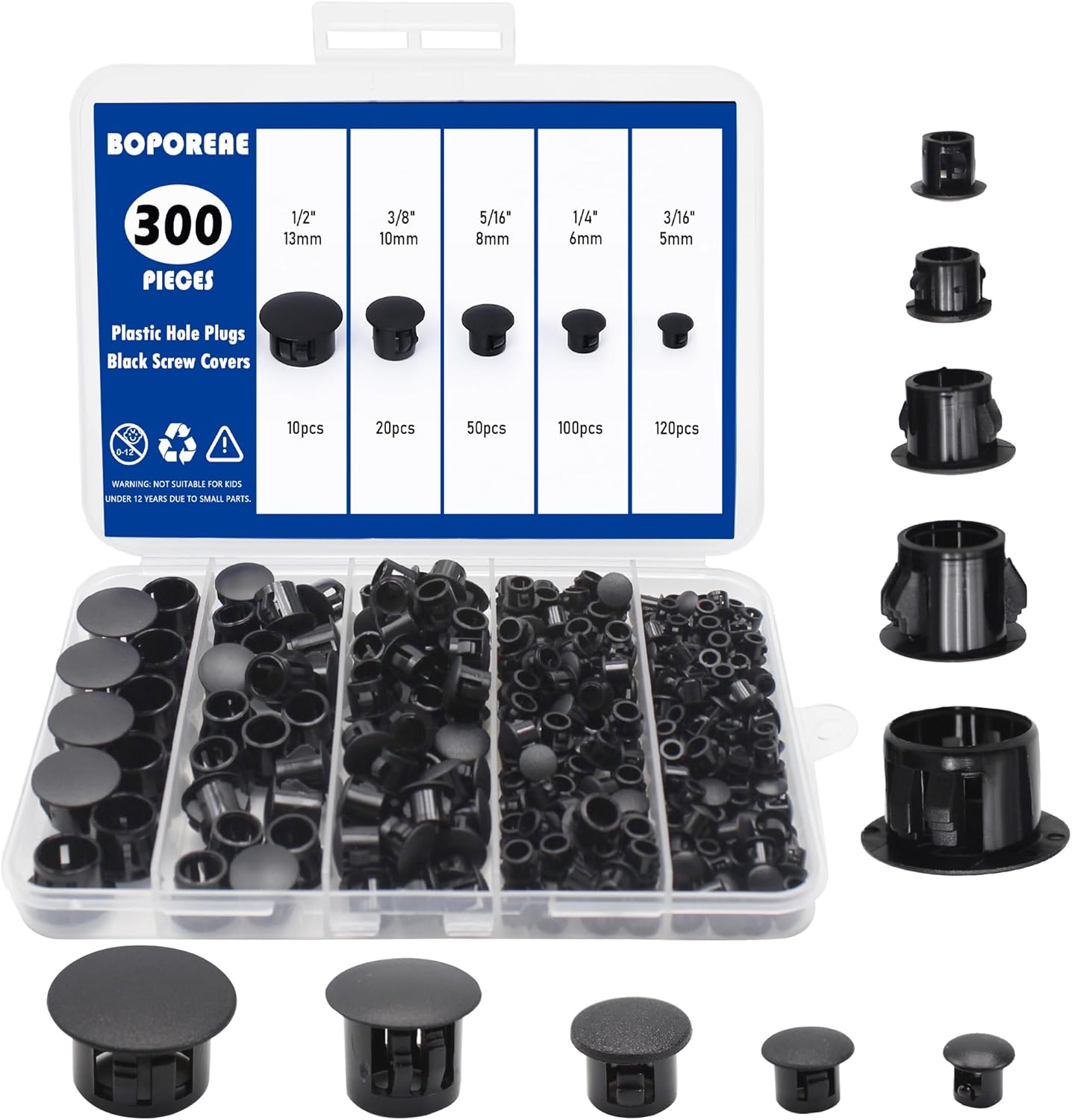 BOPOREAE 300 tapones de plástico surtidos de 316 pulgadas, 14 pulgadas, 516 pulgadas, 38 pulgadas, 12 pulgadas, tapas negras para tornillos de