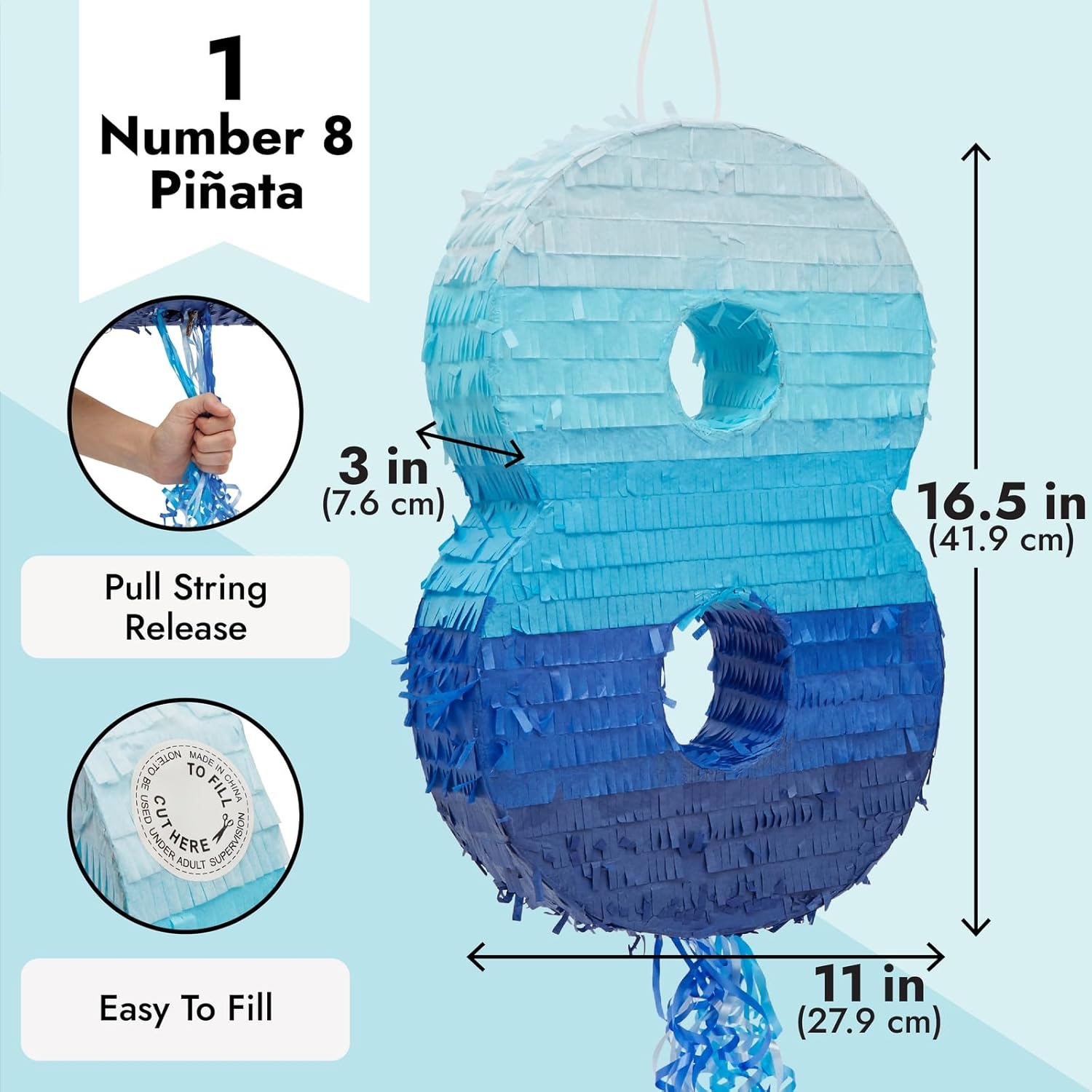 BLUE PANDA Piñata número 8, piñata de cuerda para decoración de fiesta de cumpleaños número 8, color azul degradado (16.5 x 11.5 x 3 pulgadas)