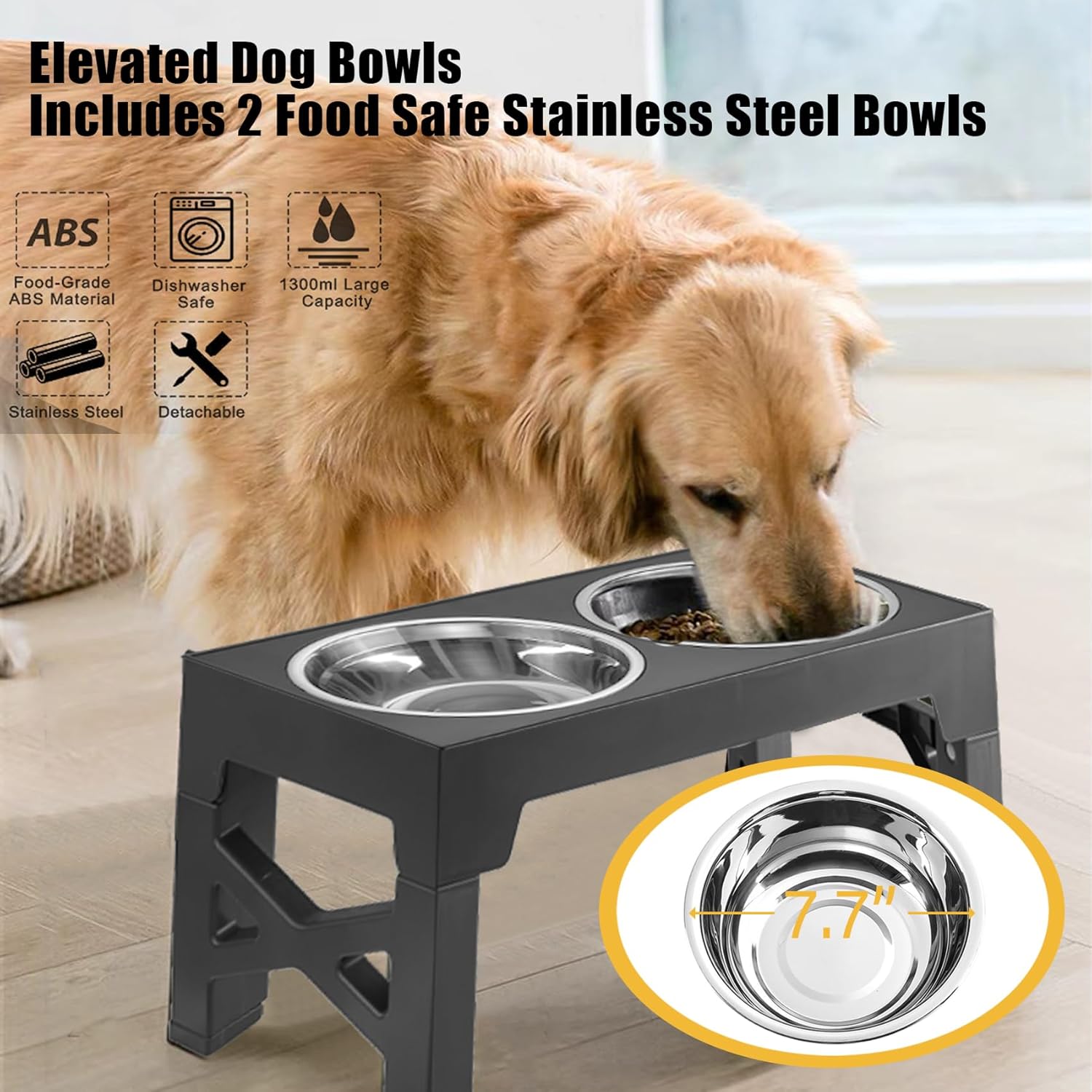 Tazones elevados para perros, con 5 alturas ajustables con 2 cuencos gruesos de acero inoxidable de 50 onzas para perros pequeños, medianos y
