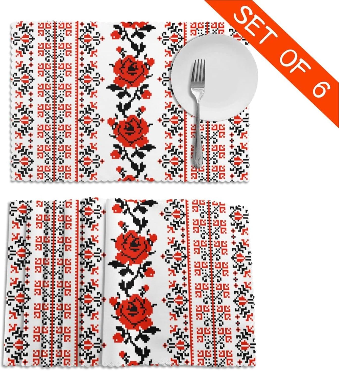 Juego de 6 manteles individuales estilo bordado ucraniano (poliéster), lavables, resistentes al calor, para comedor y cocina, 12 x 18 pulgadas.