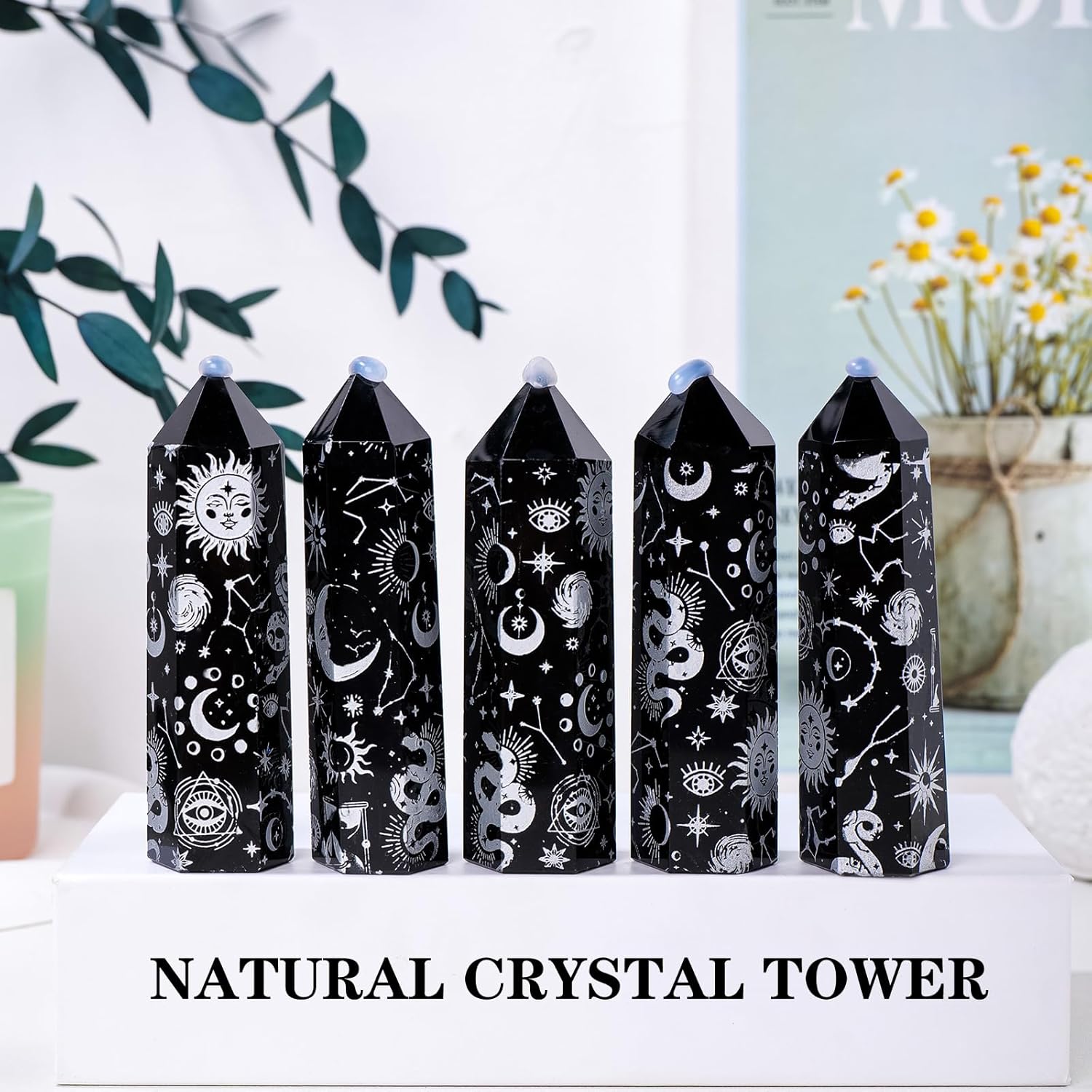 Runyangshi 1 torre de obsidiana de cristal natural curativo, torre de energía de 7 chakras, torre plateada arenada, estrella, luna, sol, decoración