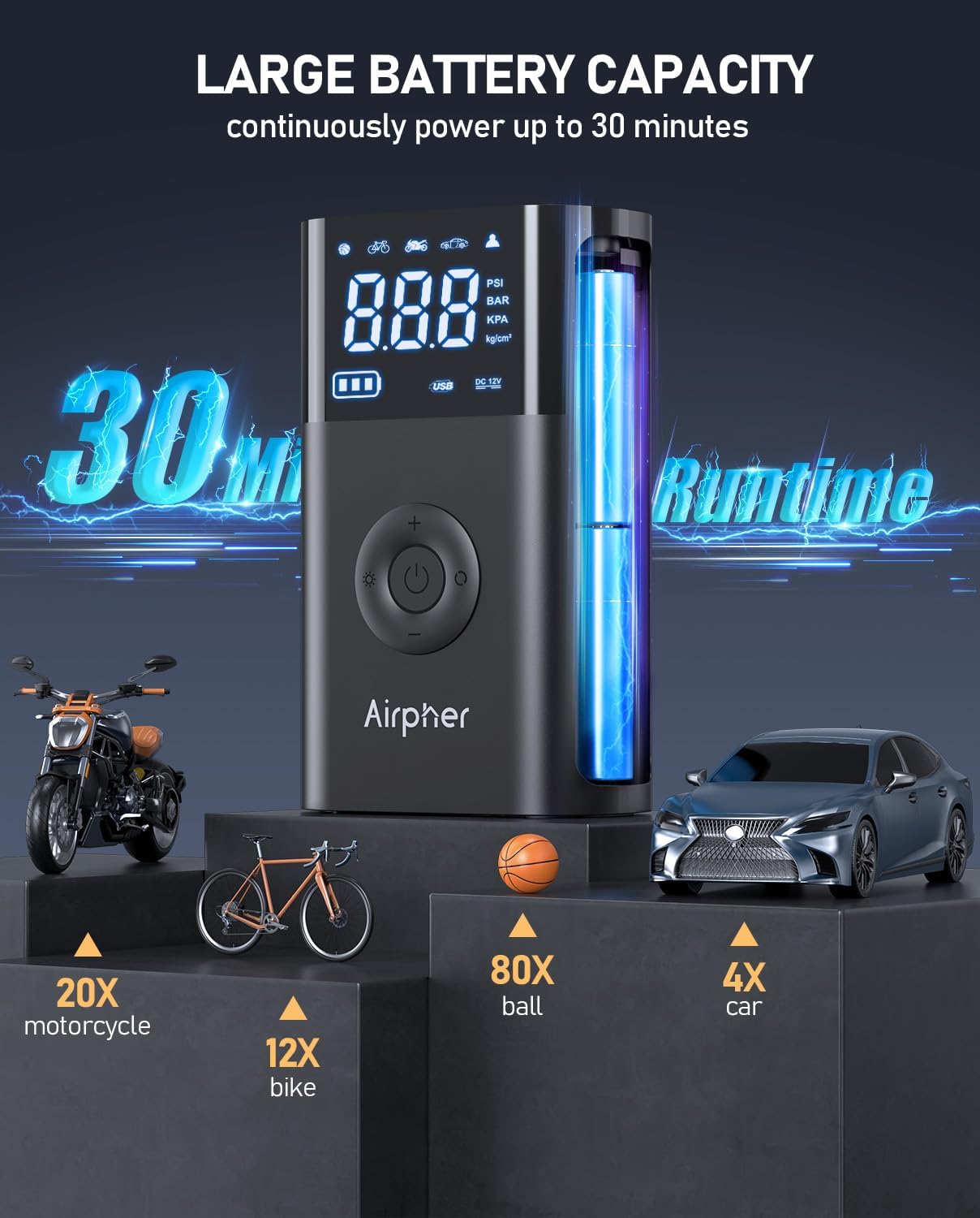 Inflador de neumáticos, compresor de aire portátil, bomba de inflado Airpher para neumáticos de automóvil con medidor digital de presión de