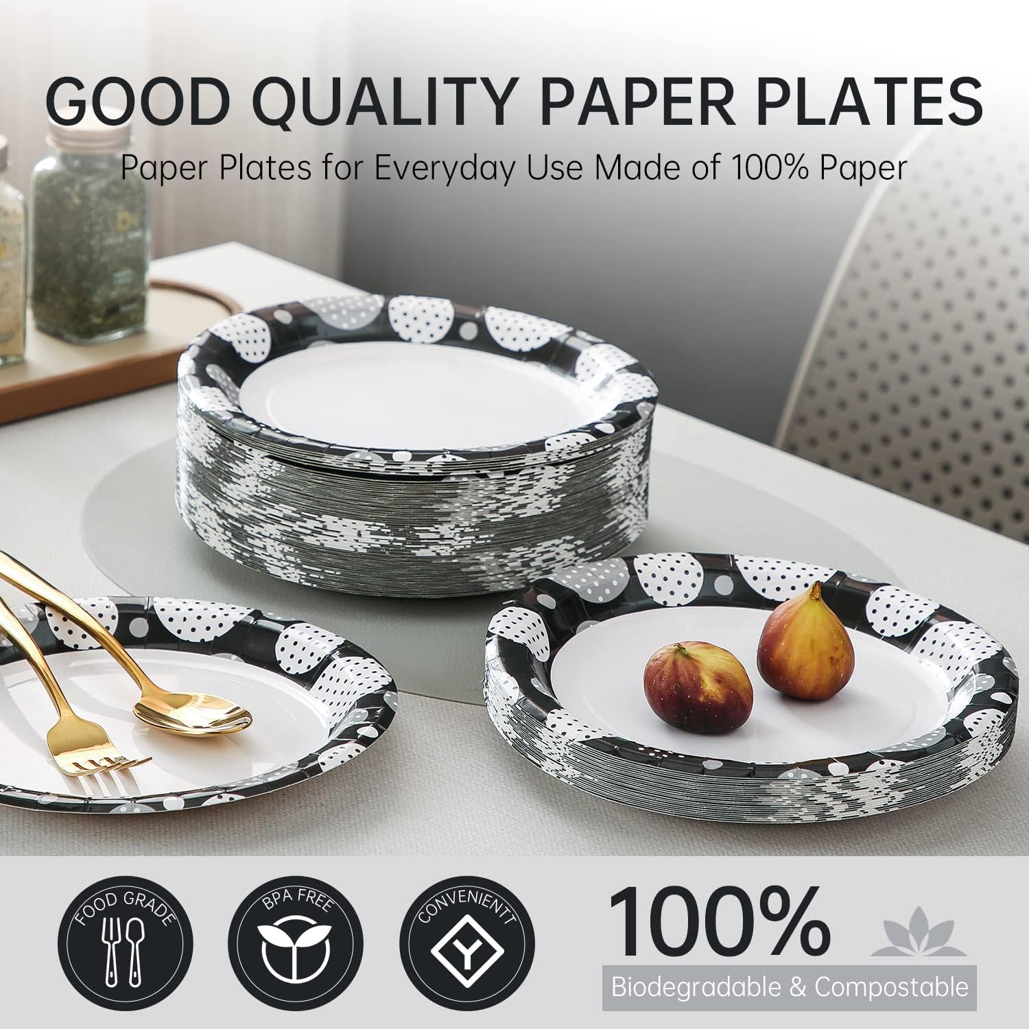 lanweilou Black Dots Paper Luncheon Plates For Everyday Use,For All Occasions,9 Inch Size,Printed Disposable,200 Count
