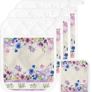 Watercolor Flower 5Pcs Pot Holders for Kitchen,Non Slip & Heat Insulation Terry Cloth Potholder Set with Pocket,Thick Hot Pad Oven Mitts Trivet Watercolor Flower 5Pcs Pot Holders for Kitchen,Non Slip & Heat Insulation Terry Cloth Potholder Set with Pocket,Thick Hot Pad Oven Mitts Trivet