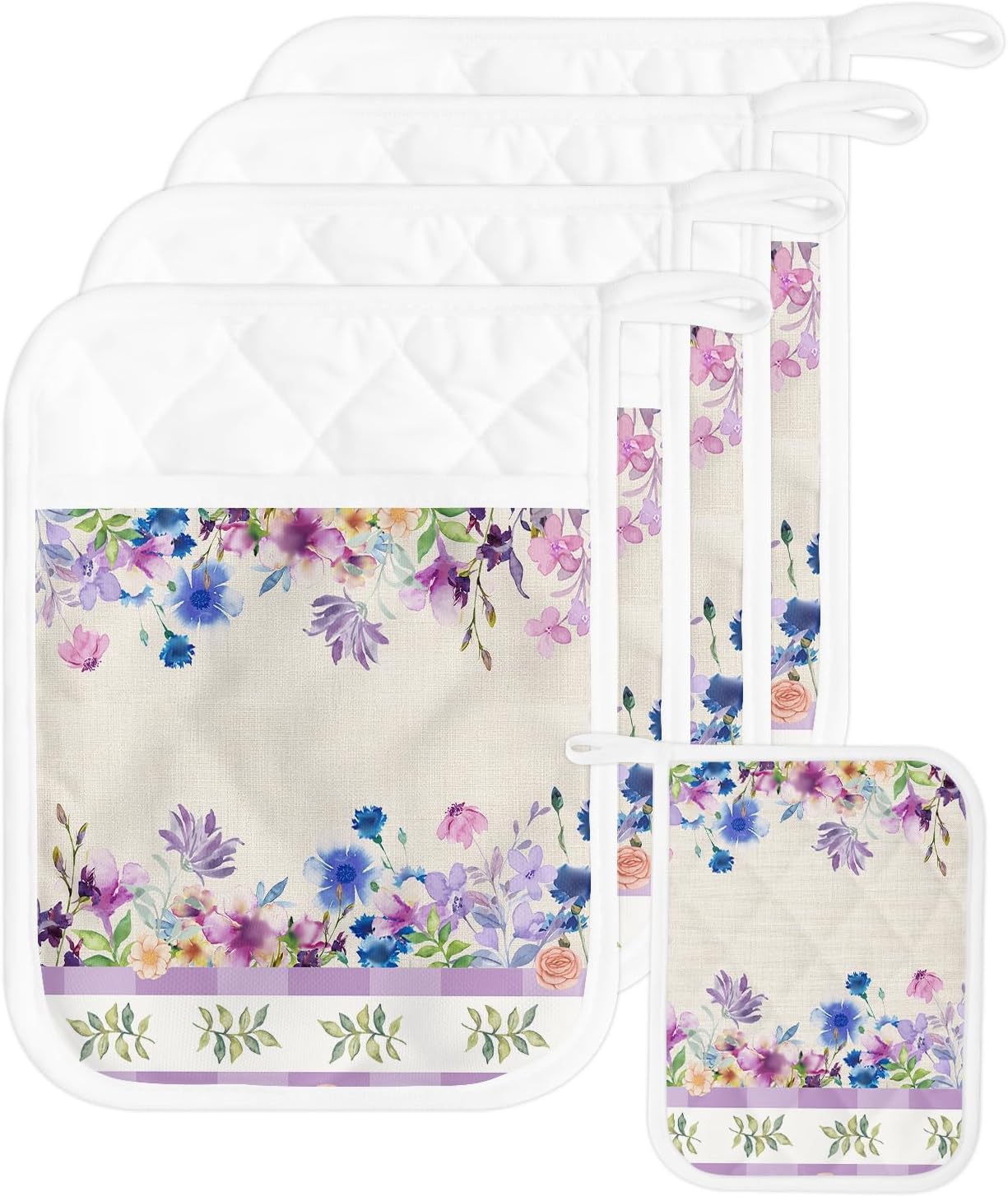 Watercolor Flower 5Pcs Pot Holders for Kitchen,Non Slip & Heat Insulation Terry Cloth Potholder Set with Pocket,Thick Hot Pad Oven Mitts Trivet