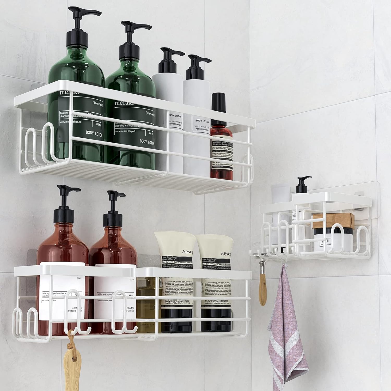 Uamector Estantes de ducha con fuerte adhesivo para ducha interior con 17 ganchos, organizador de pared para baño, baño, inodoro, cocina y