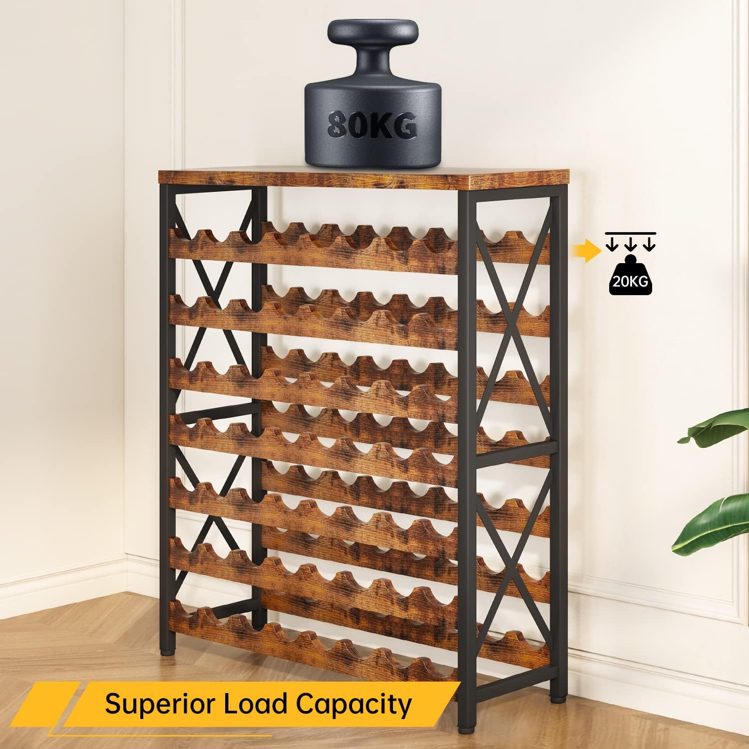 Homeiju Estante de vino independiente para 56 botellas, estante de almacenamiento de madera para vino, estante apilable para botellas de vino con