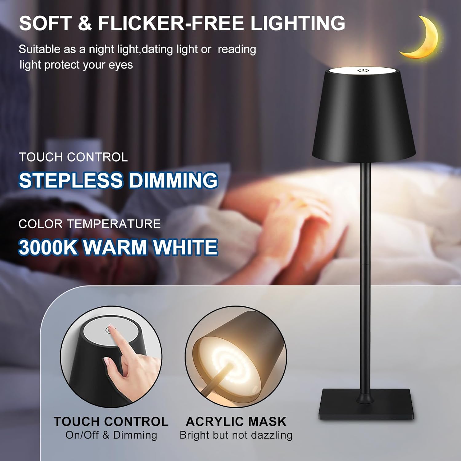 Aiwewin Paquete de 2 lámparas de mesa inalámbricas, lámpara LED portátil de escritorio, funciona con pilas, luz de mesa de 5000 mAh, 3 colores de