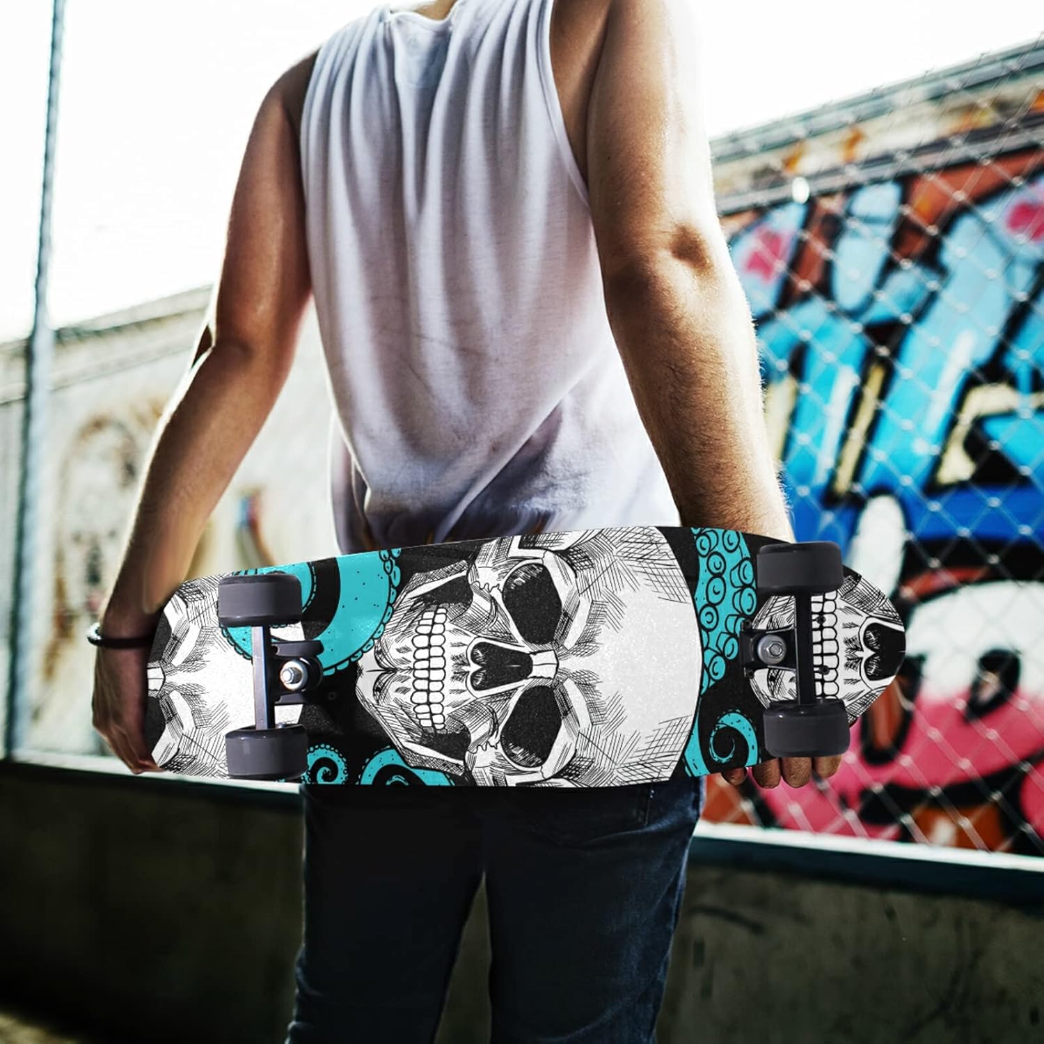 Cinta adhesiva de papel de lija para patineta con diseño de calaveras y pulpos, impermeable, resistente al desgaste