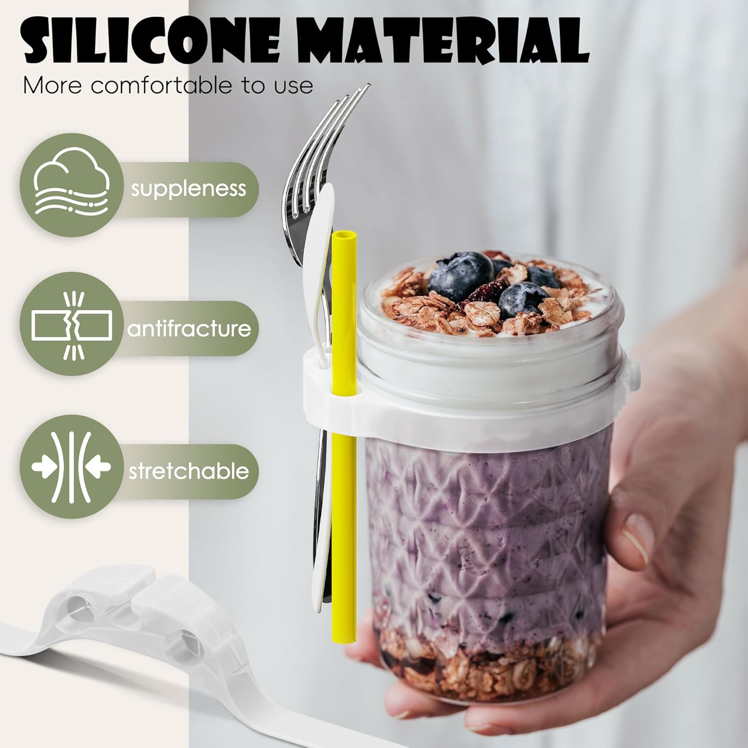5 soportes de silicona para cucharas, soporte para pajilla, soporte ajustable para cuchara compatible con tarros de vidrio redondos y cuadrados
